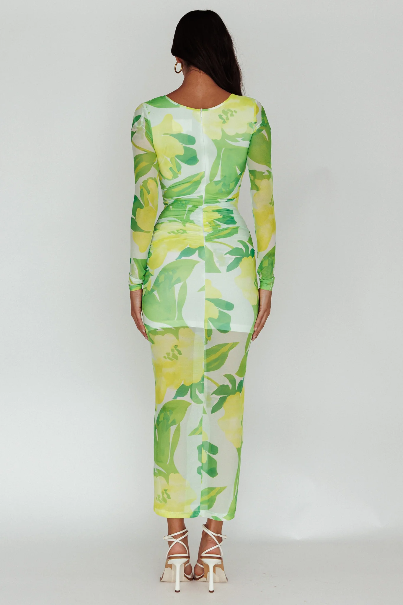 Chardae Long Sleeve Mesh Midi Dress Floral Green - Sonourner