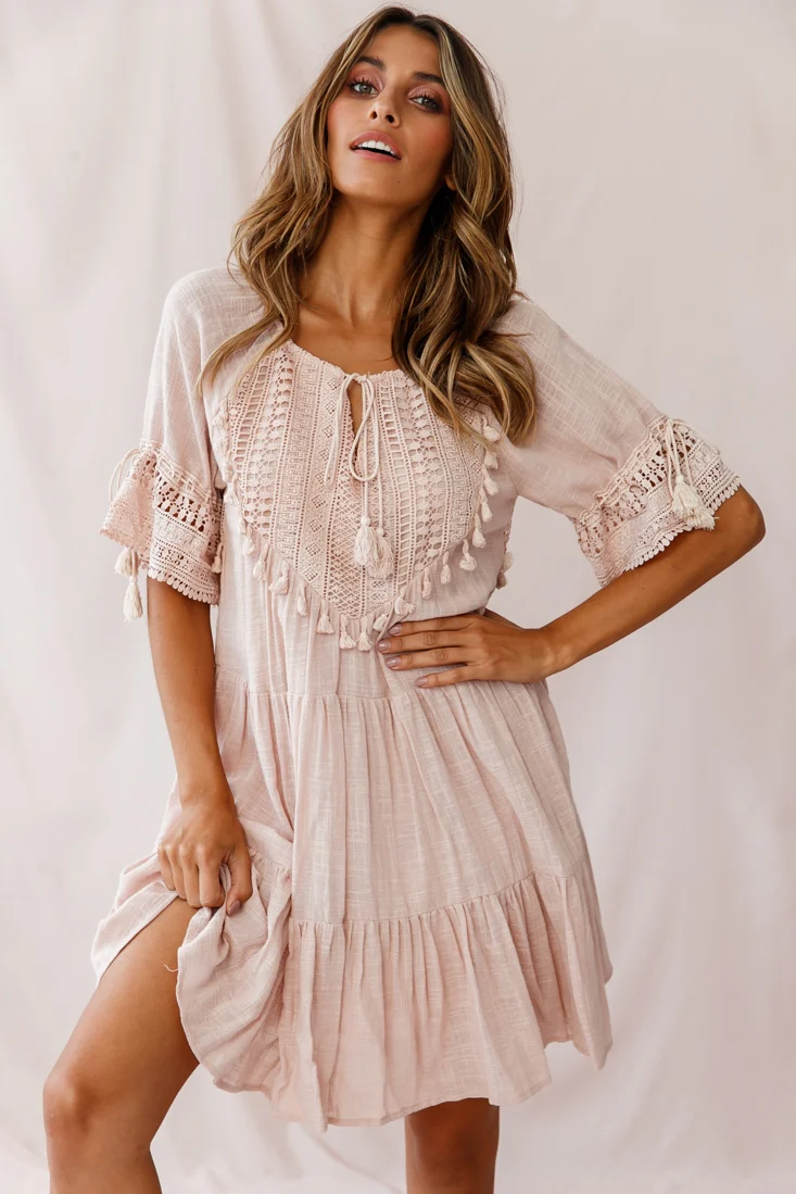 Jada Crochet and Tassel Kaftan Dress Beige - Sonourner