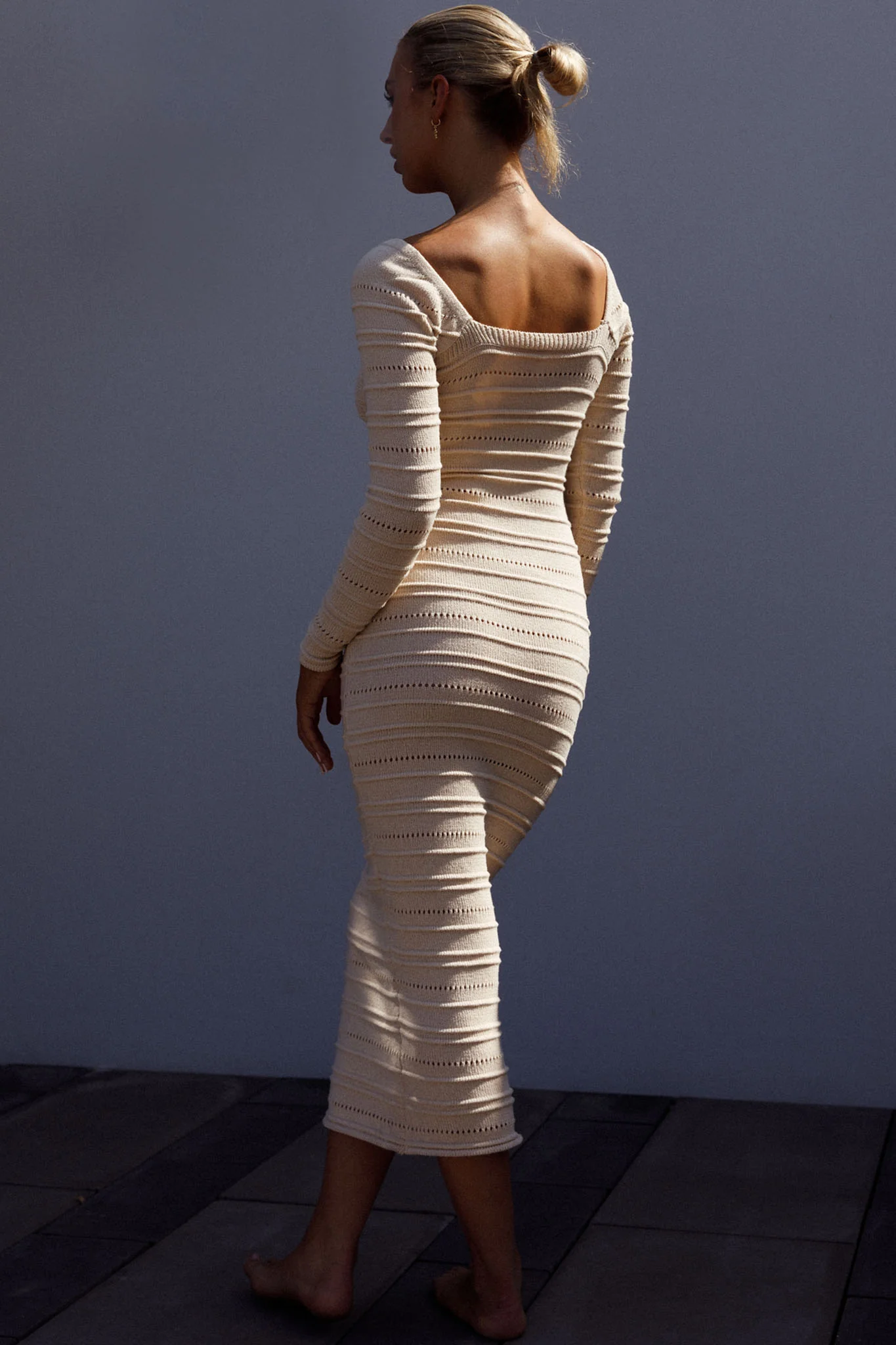 Beachside Crochet Knit Long Sleeve Midi Dress Oat - Sonourner