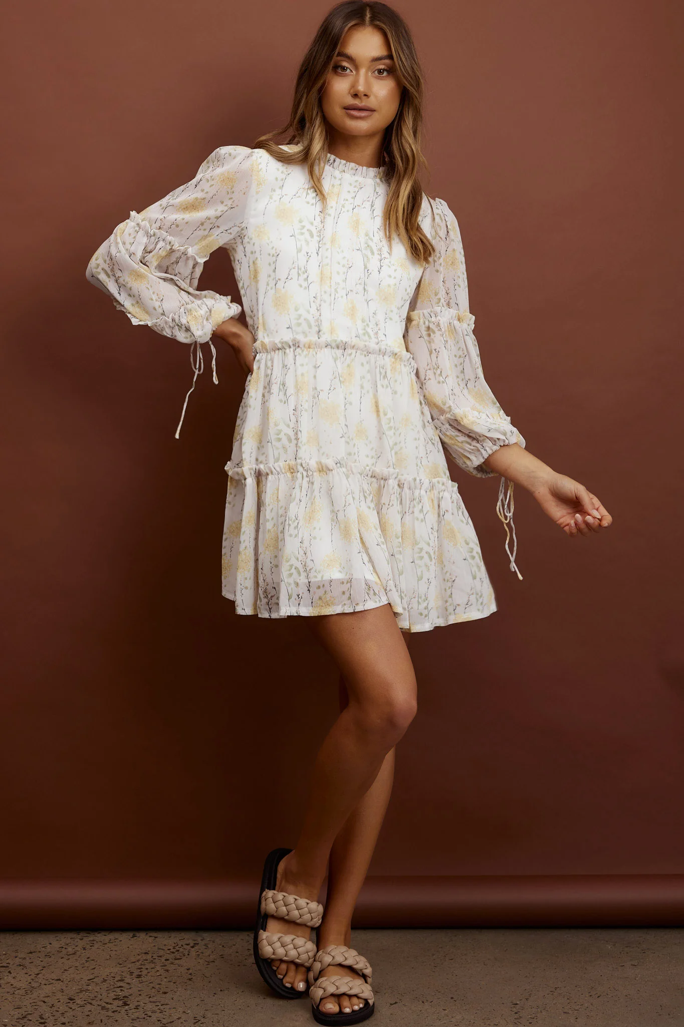 Beatrix High Neck Balloon Sleeve Dress Floral Yellow - Sonourner