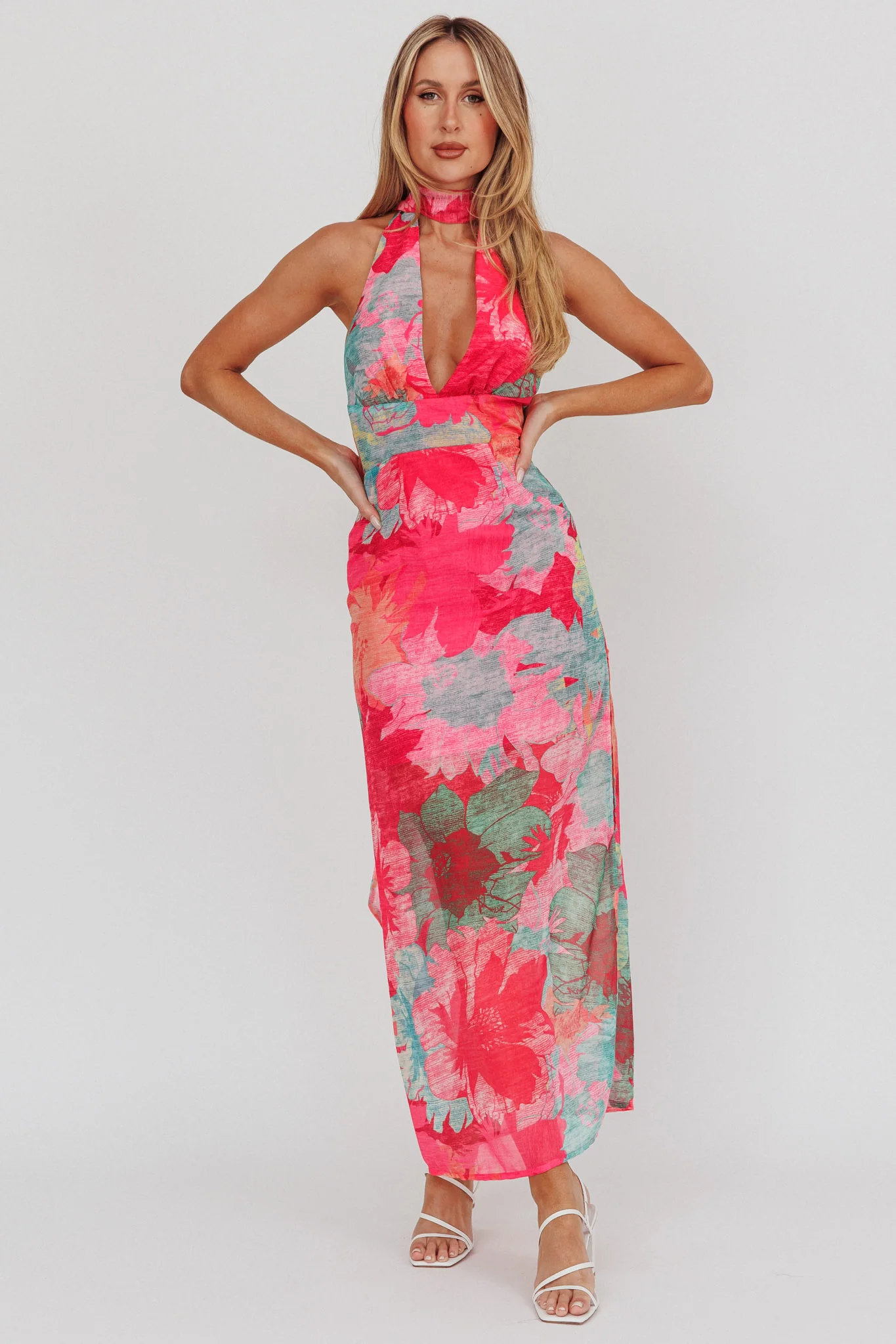 Cipriana Backless Halter Maxi Dress Floral Fuchsia - Sonourner