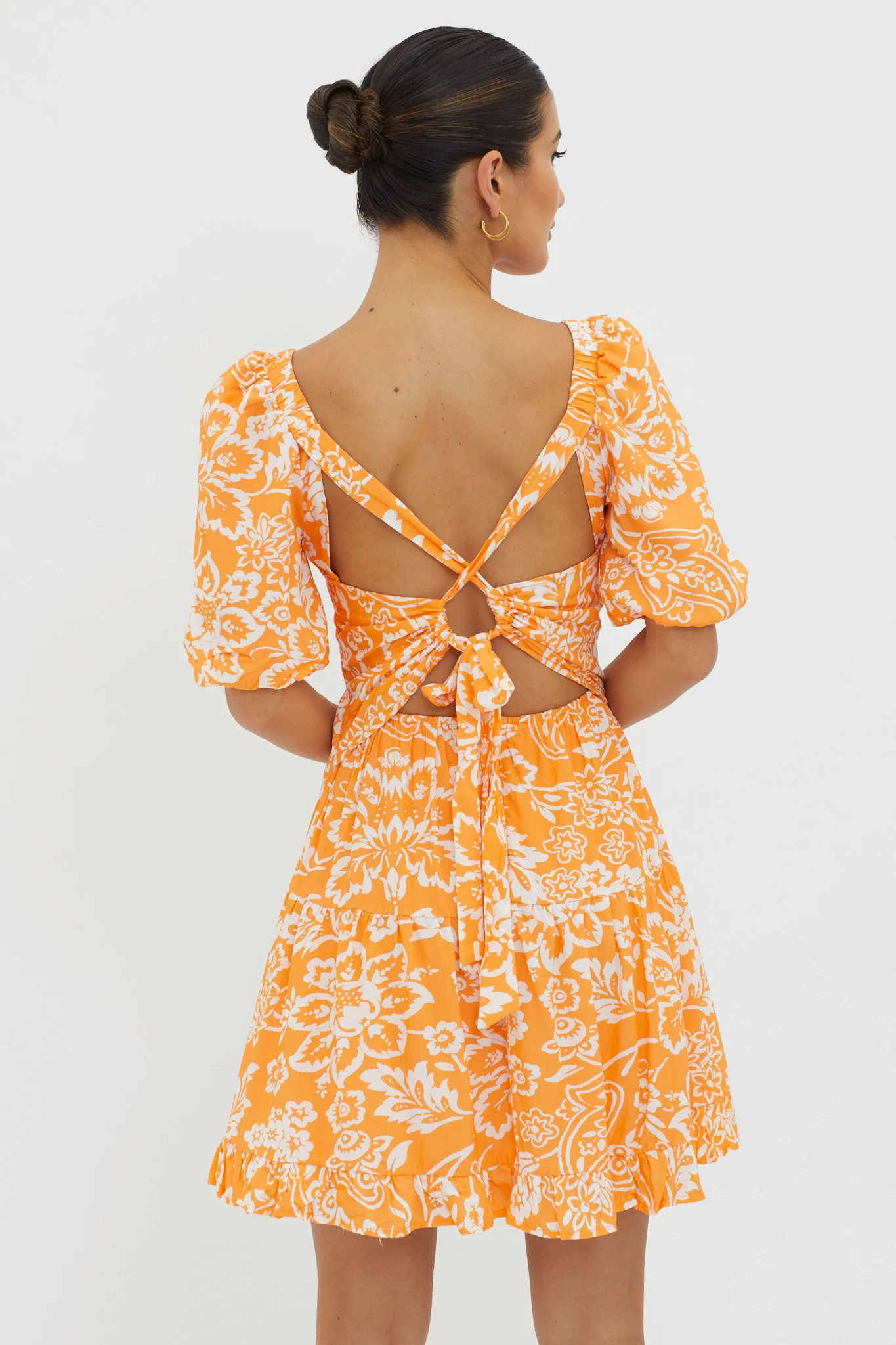Madrid Summer Tied Back Mini Dress Print Orange - Sonourner