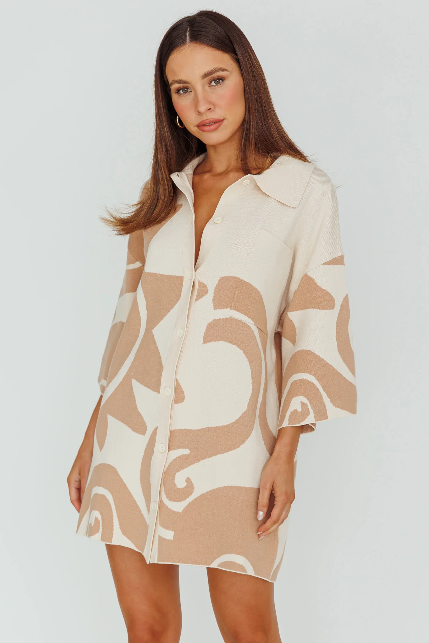 Nalani Button Up Knit Shirt Dress Sand/Wood - Sonourner