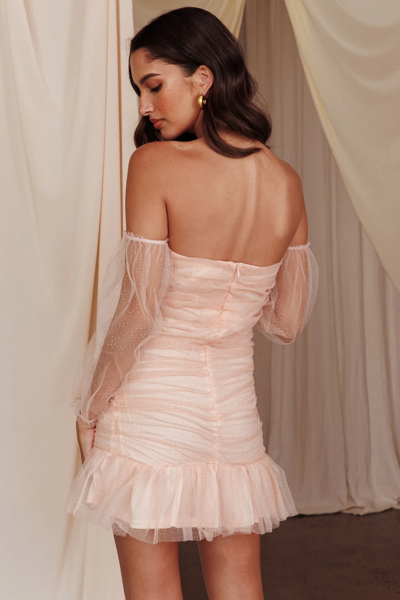 Moment In Time Off-Shoulder Mini Dress Peach/Gold - Sonourner