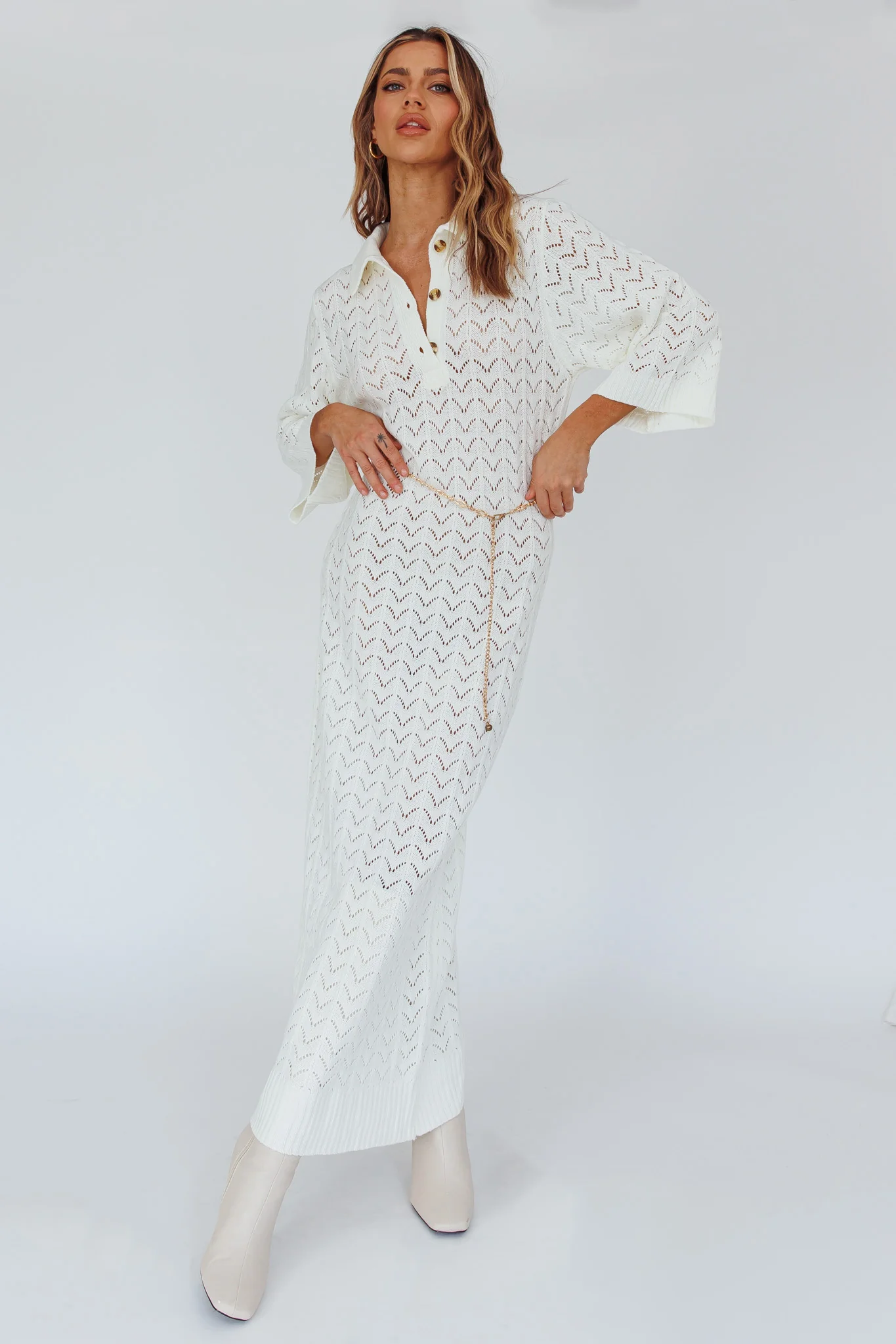 Alouette 3/4 Sleeve Crochet Midi Dress Cream - Sonourner