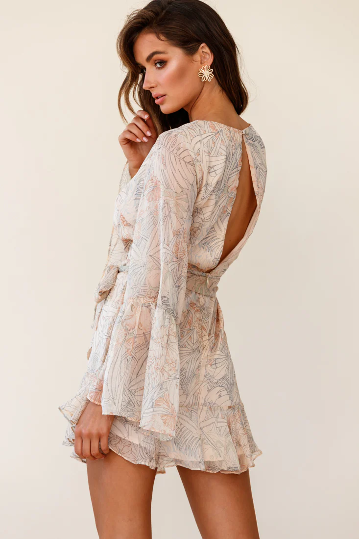 Dayton Bell Sleeve Waist Tie Dress Leaf Print Nude - Sonourner