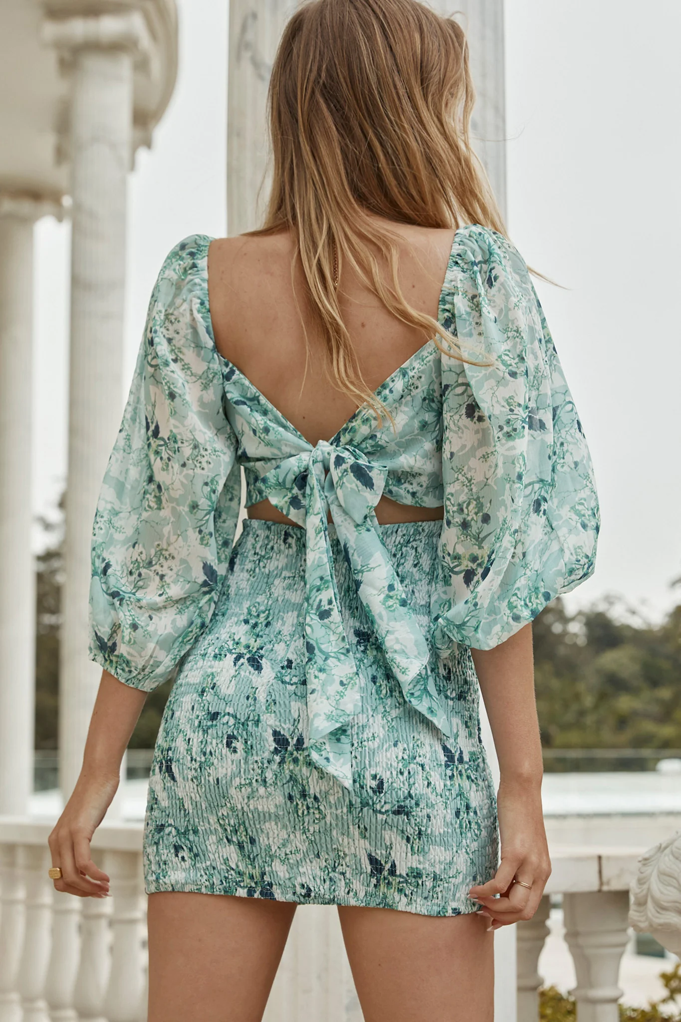 Joie Puff Sleeve Shirred Dress Floral Print Green - Sonourner