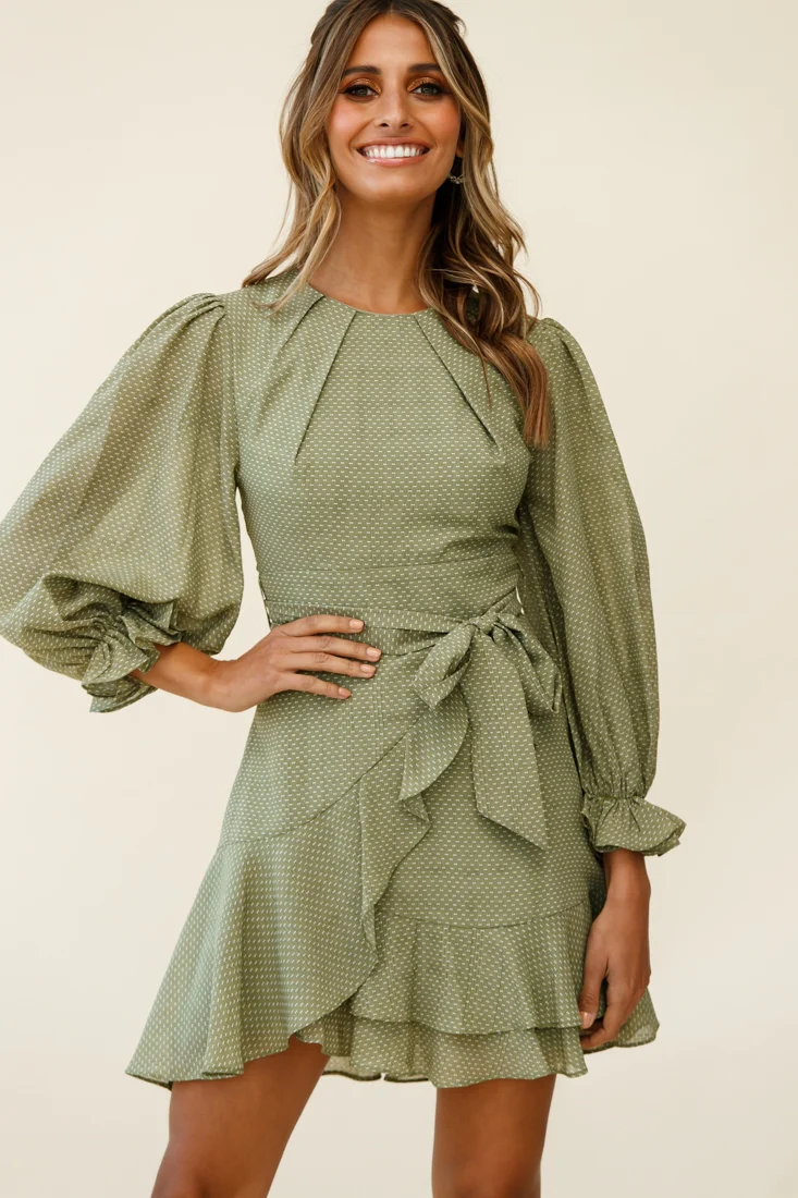 Agnes Long Sleeve Pleat Detail Dress Olive - Sonourner