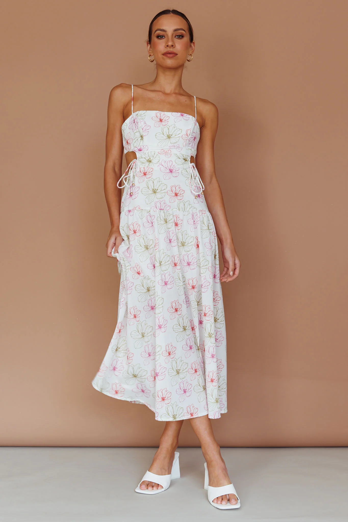 Aloha Cut-Out Waist Midi Dress Floral Pink - Sonourner