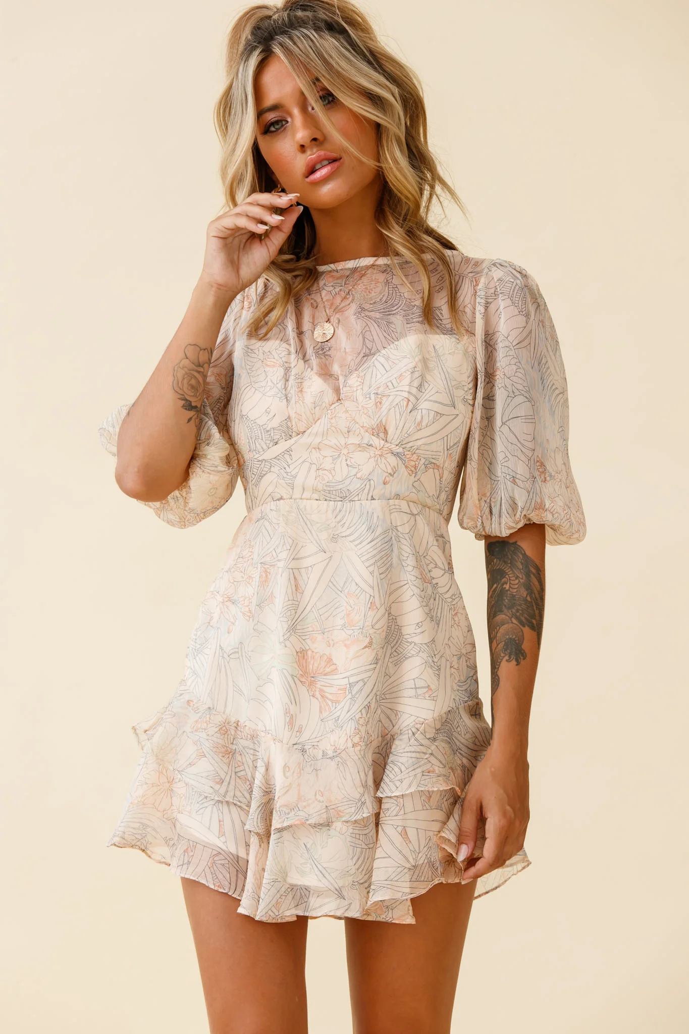 She Knows Puff Sleeve Ruffle Trim Dress Botanic Print Nude - Sonourner