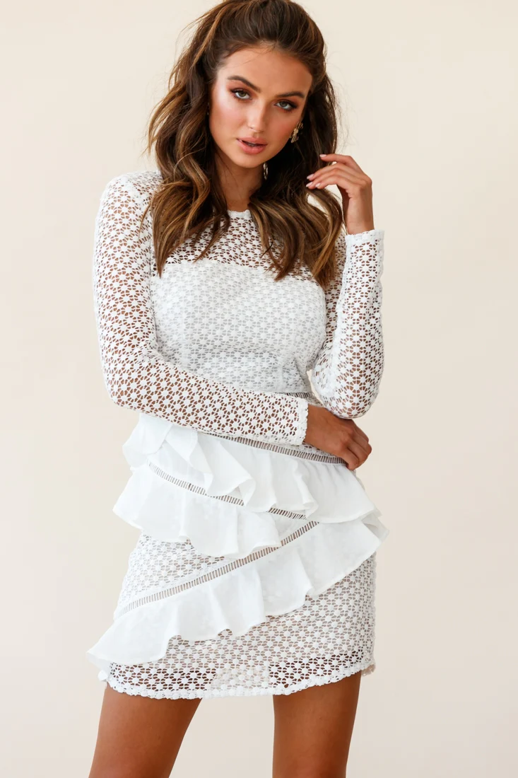 Aramis Long Sleeve Lace & Ruffle Detail Dress White - Sonourner