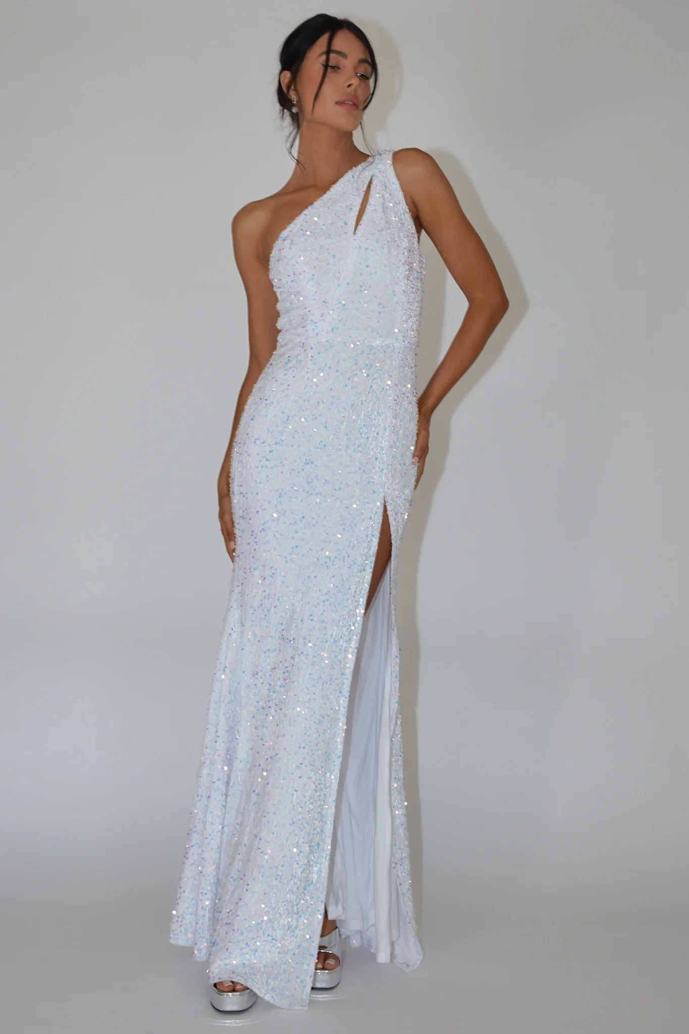 Ambrely One-Shoulder Sequin Maxi Dress White - Sonourner
