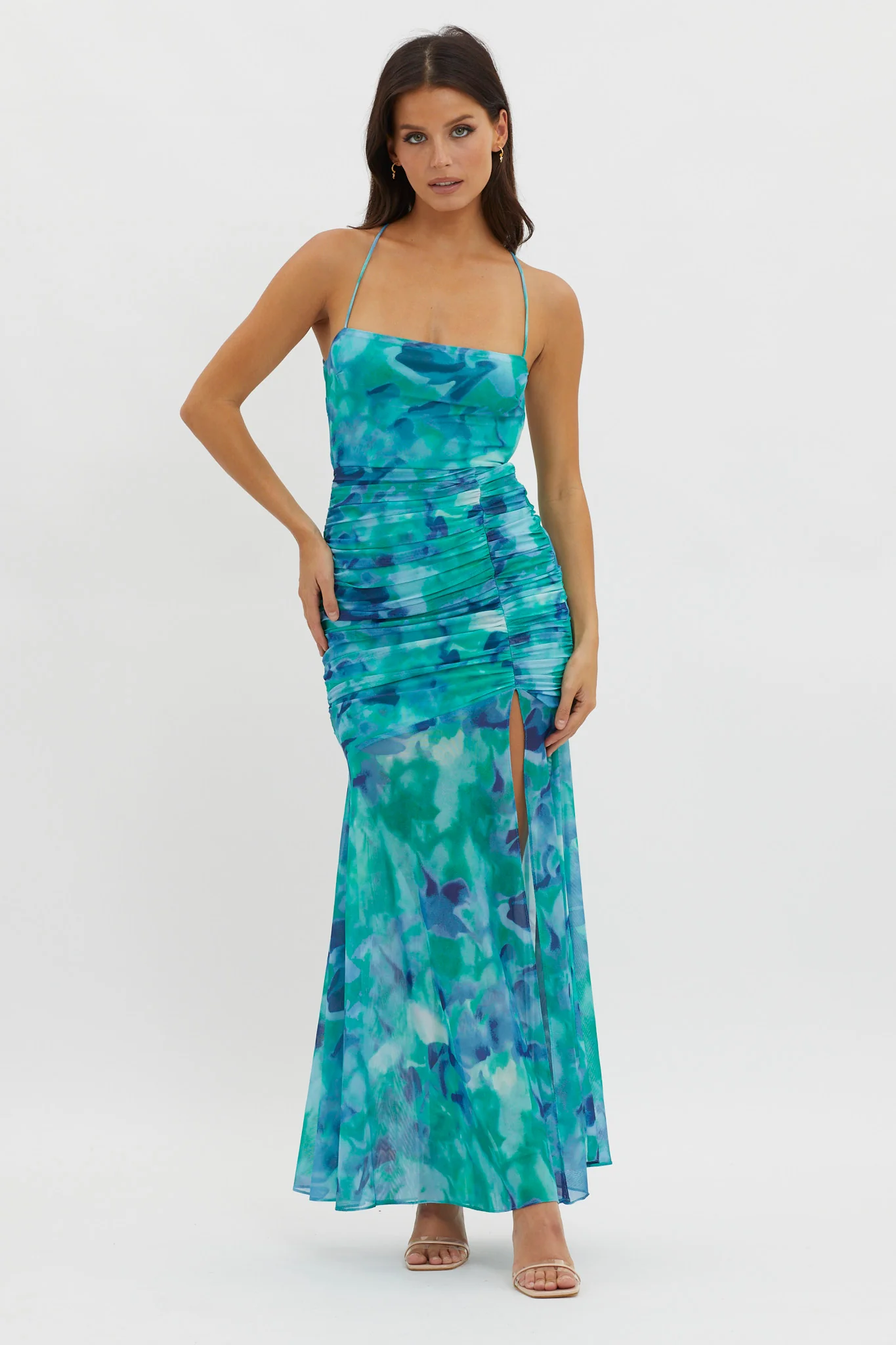 Apryl Ruched Lace-Up Back Dress Green - Sonourner