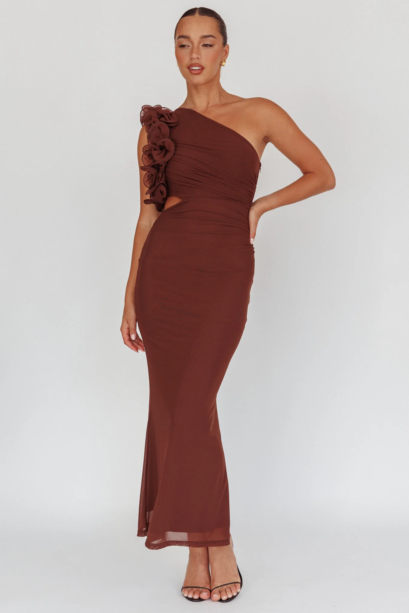 Deanna One-Shoulder Ruffle Maxi Dress Brown - Sonourner