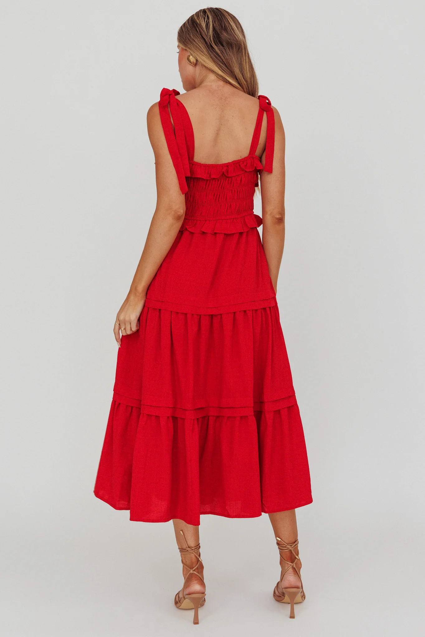 Paprika Tied Shoulder Shirred Midi Dress Red - Sonourner