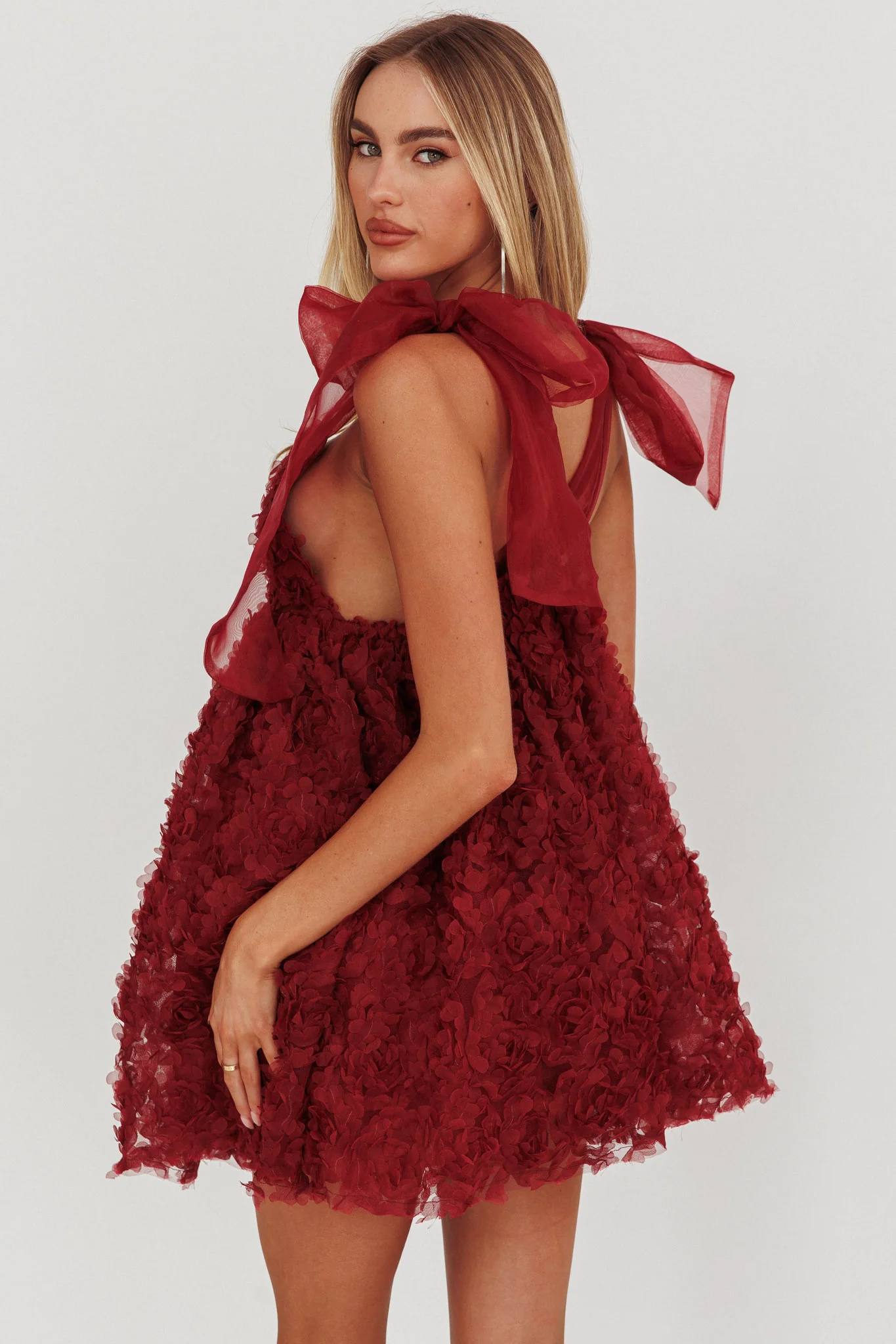 Lisette Tied Shoulder Embellished Mini Dress Wine - Sonourner