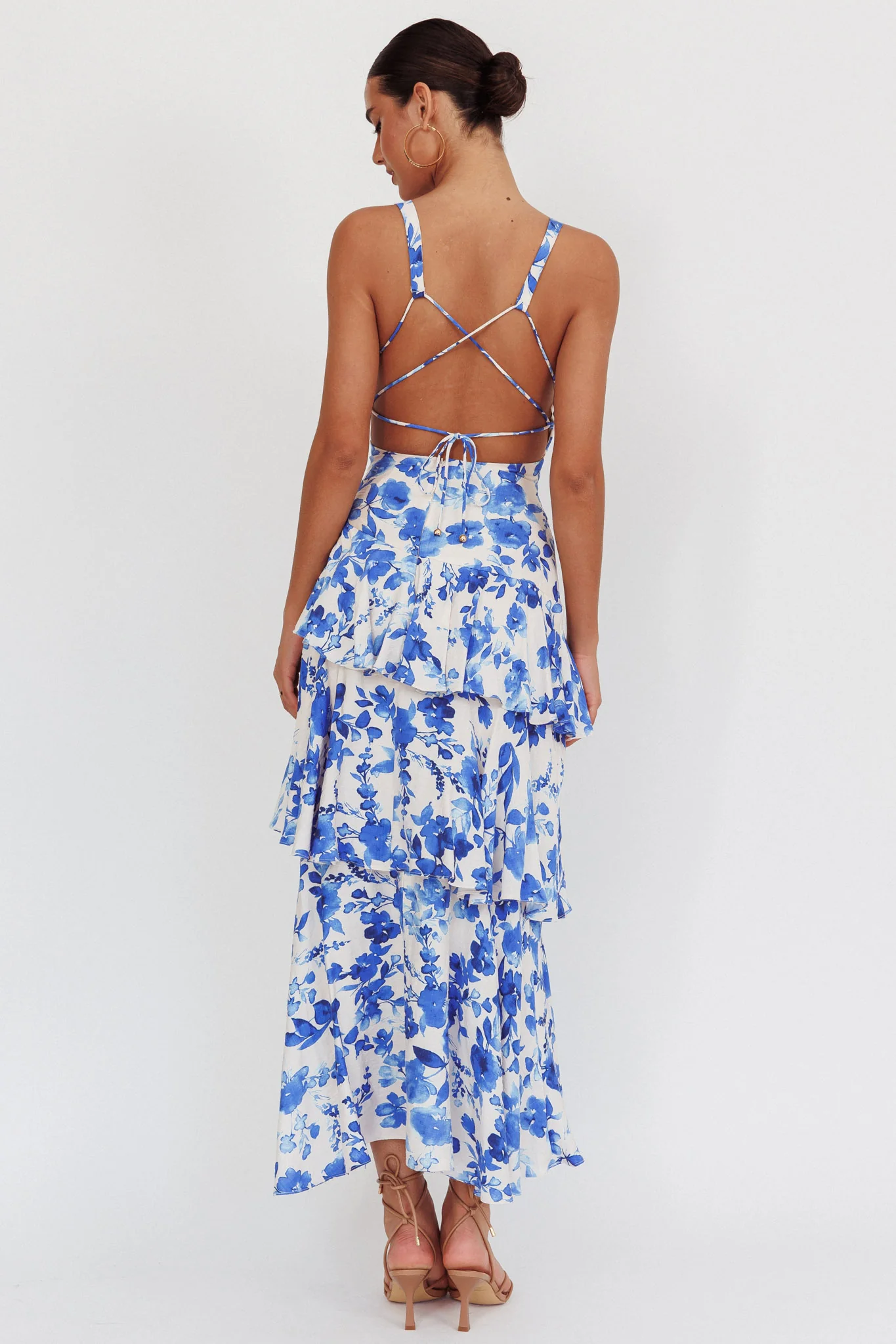 Veda Strappy Back Ruffle Maxi Dress Floral Blue - Sonourner
