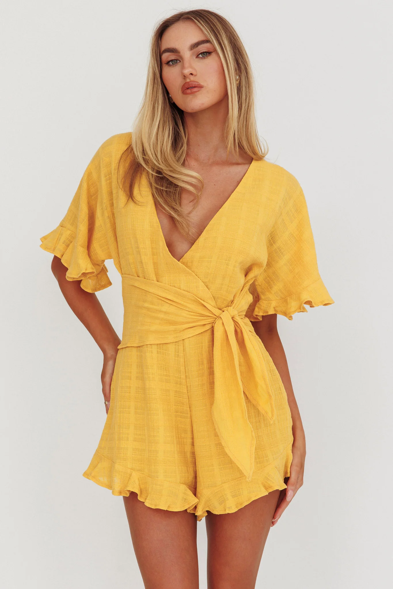 Karin Frill Trim Waist Tie Romper Mustard - Sonourner