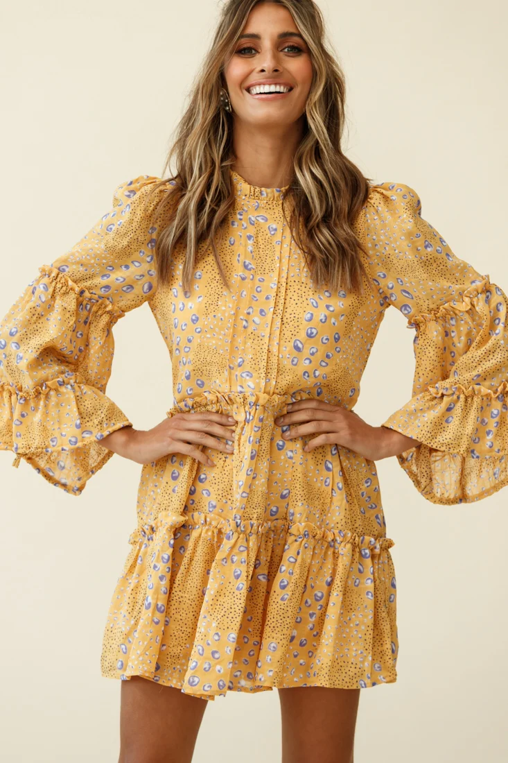 Beatrix High Neck Bell Sleeve Dress Droplet Print Yellow - Sonourner