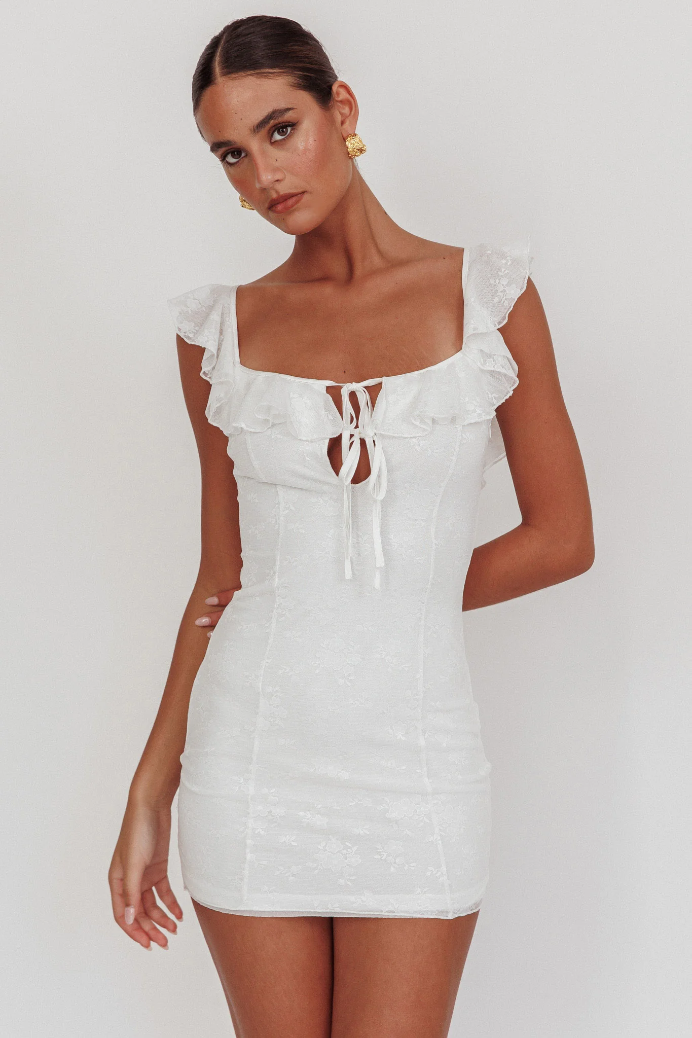Sweet Saturday Tied Bust Ruffle Mini Dress White - Sonourner