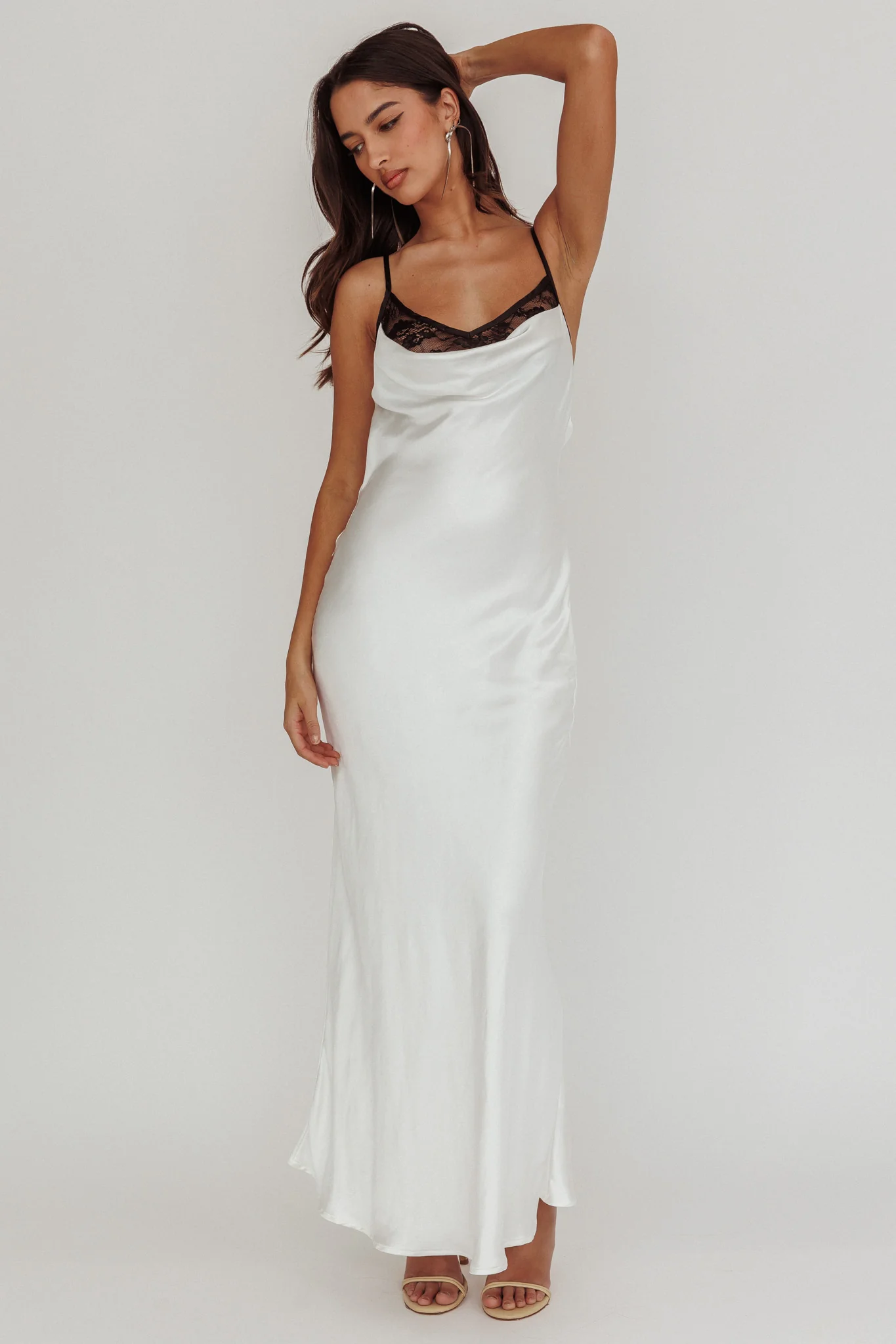 Gentle Touch Cowl Neck Satin Maxi Dress White - Sonourner