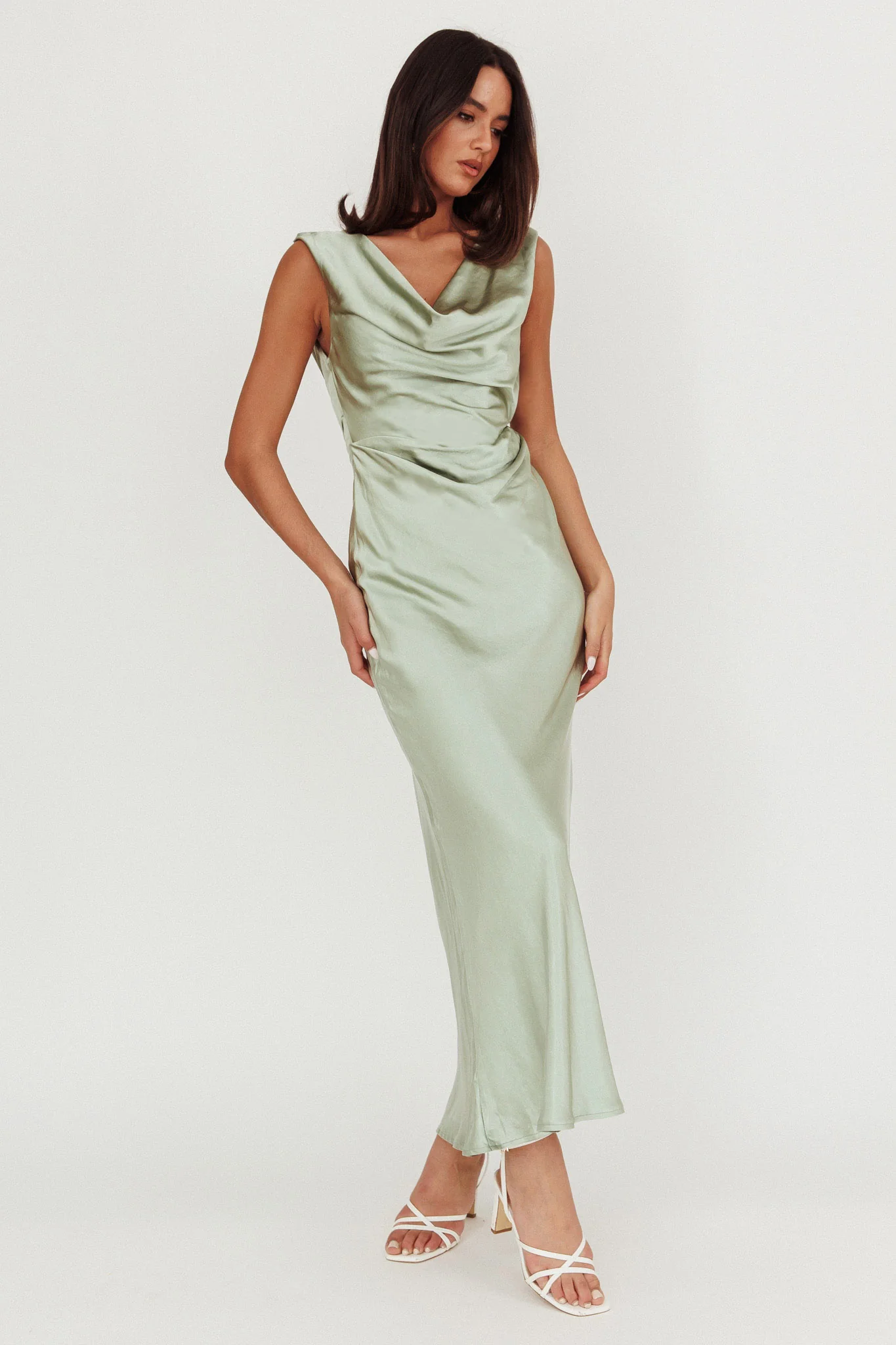 Chills Cowl Neck Satin Maxi Dress Sage - Sonourner