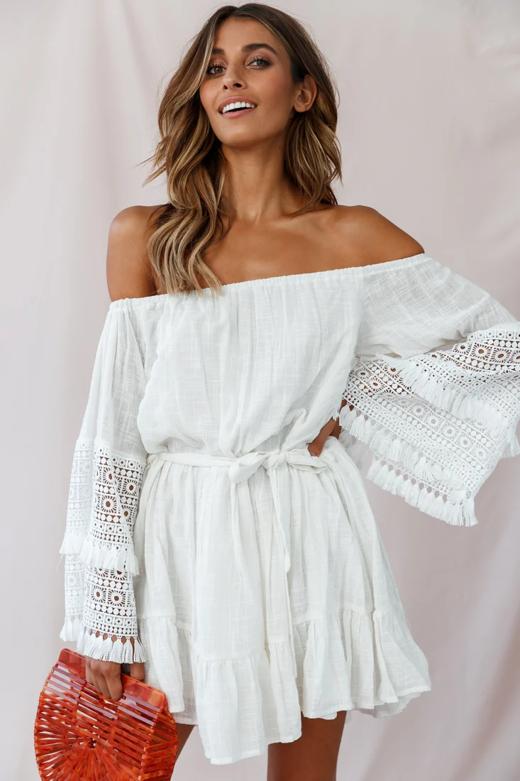 Mona Off-Shoulder Embellished Sleeve Dress White - Sonourner