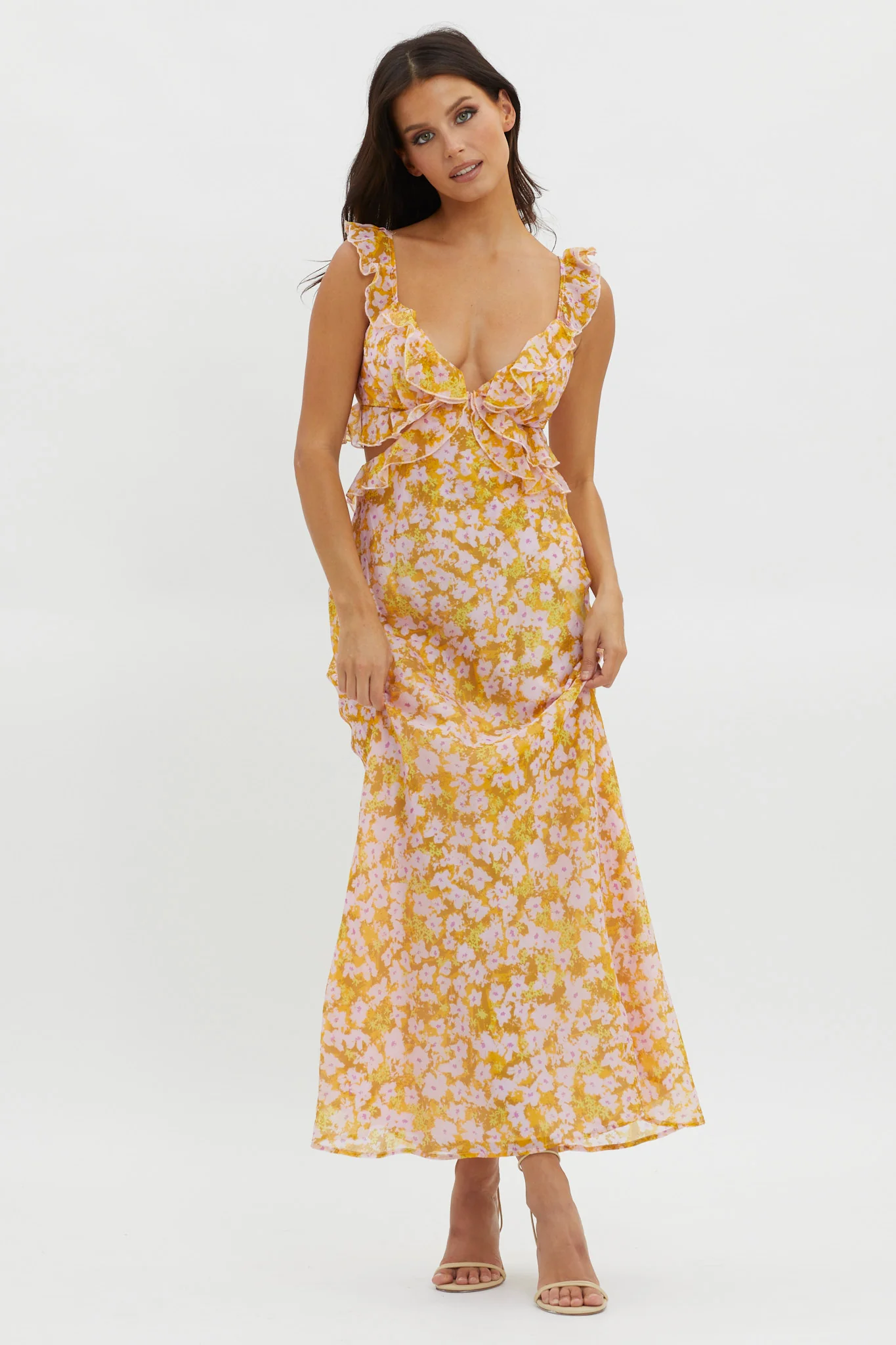 Second Chances Ruffle Trim Maxi Dress Flowers Yellow - Sonourner