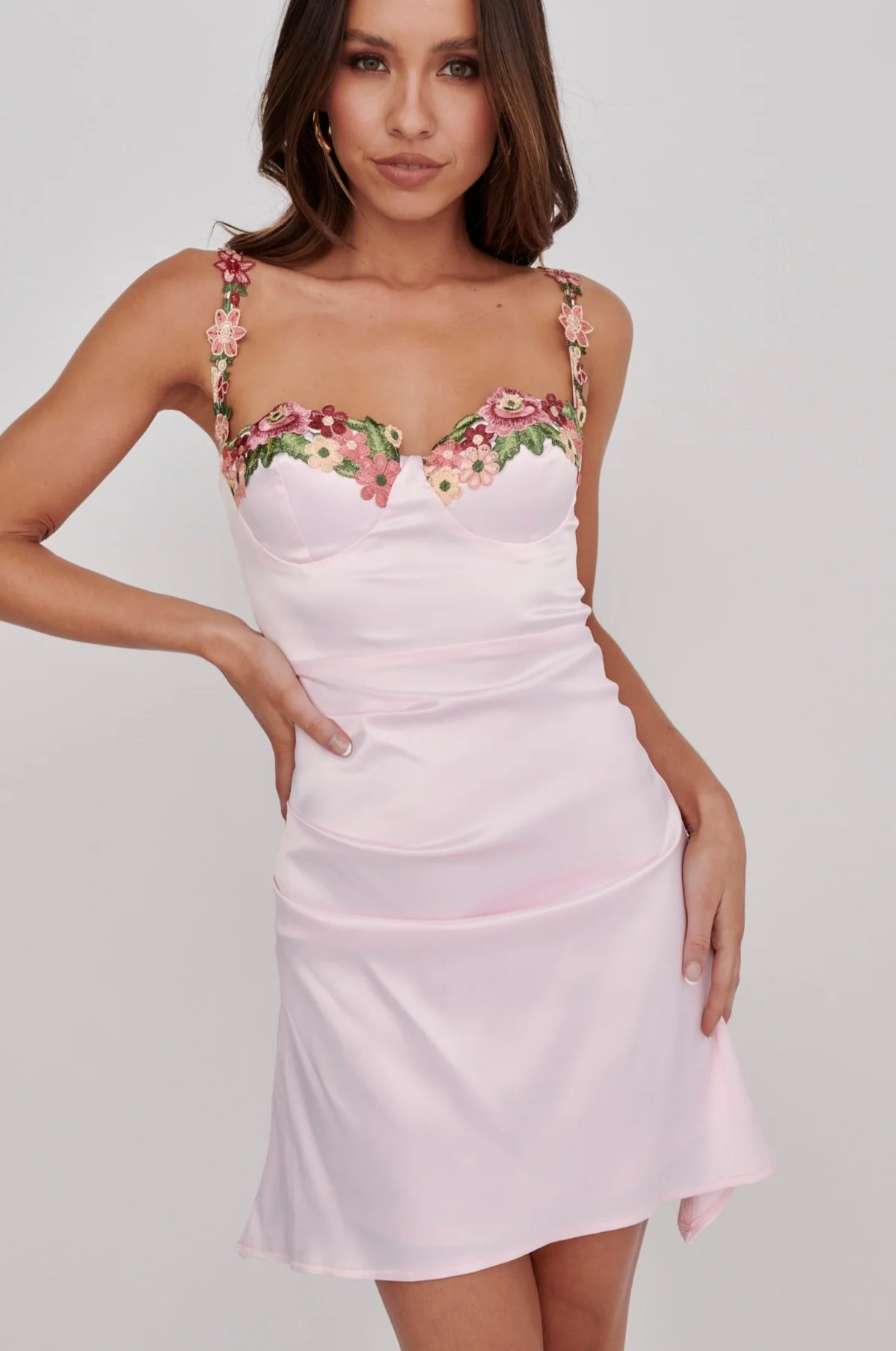 Rose Garden Floral Applique Pleat Mini Dress Pink - Sonourner