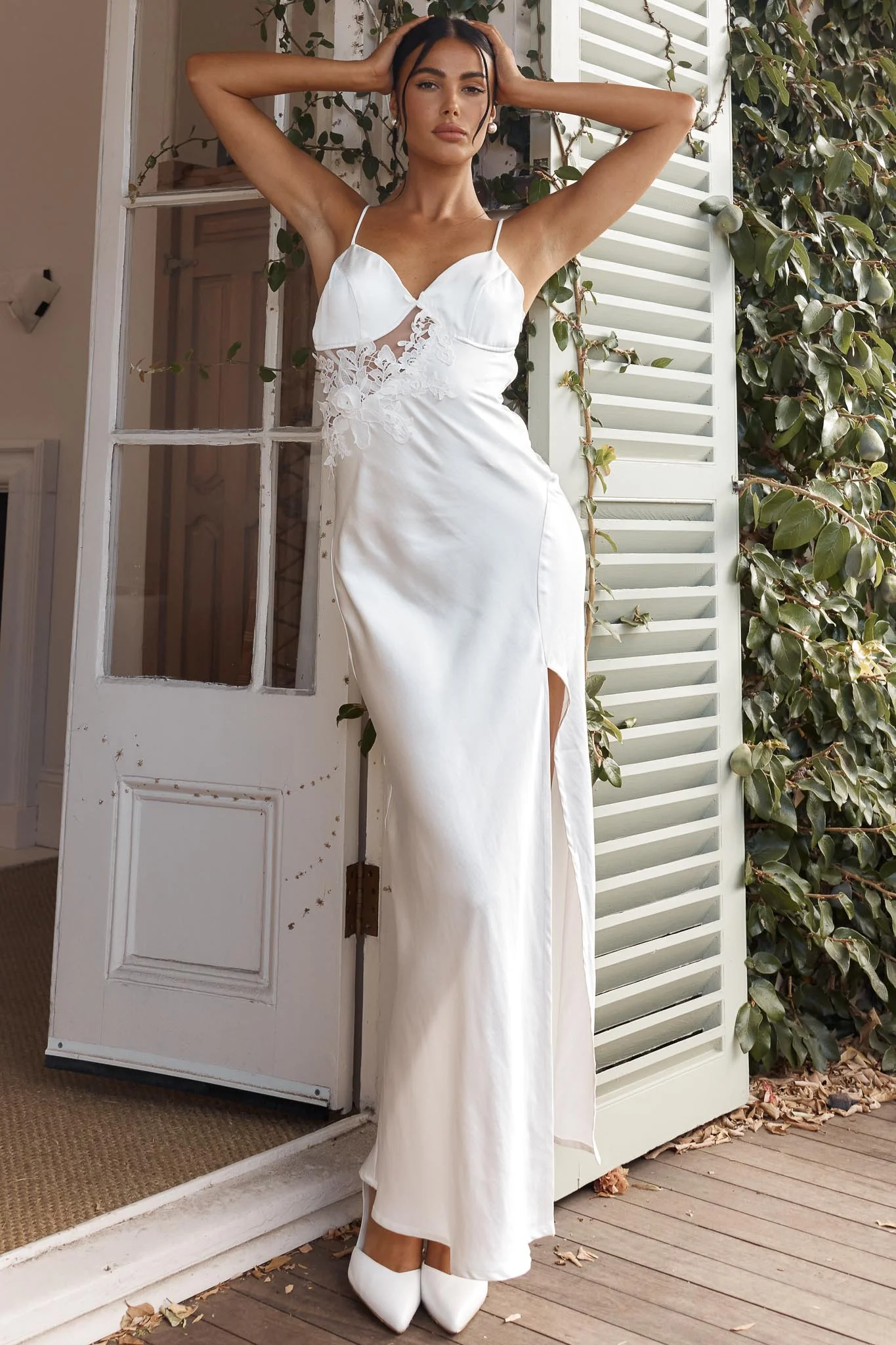 Roxana Applique Trim Split Maxi Dress White - Sonourner