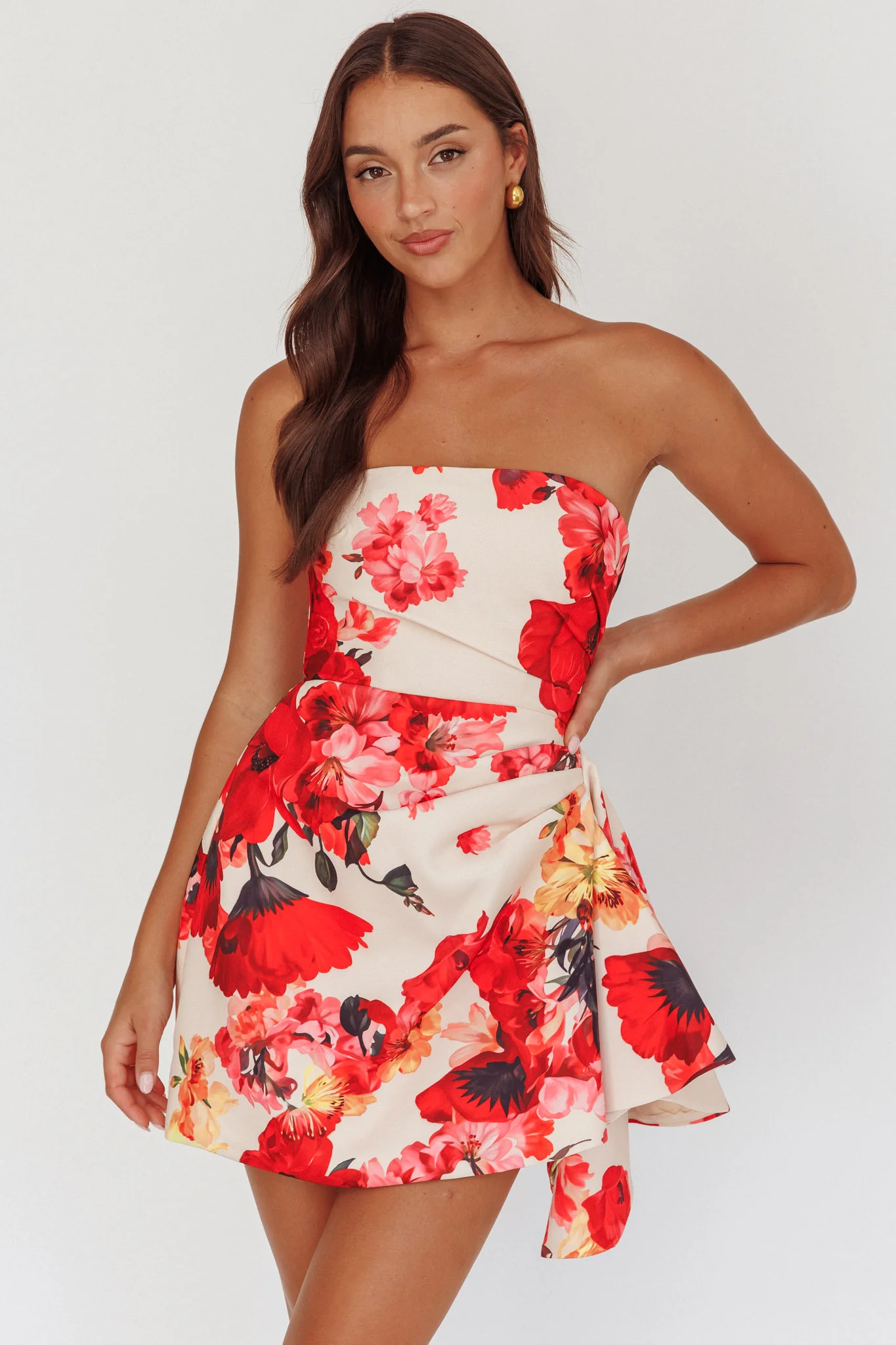 Minnesota Strapless Mini Dress Floral Red - Sonourner