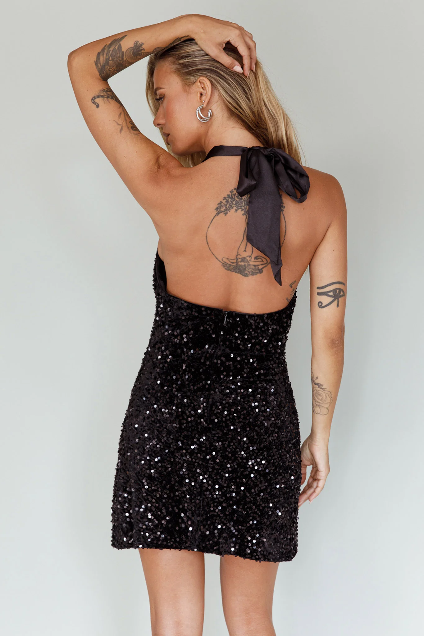 Star Lights Halterneck Mini Dress Sequin Black - Sonourner