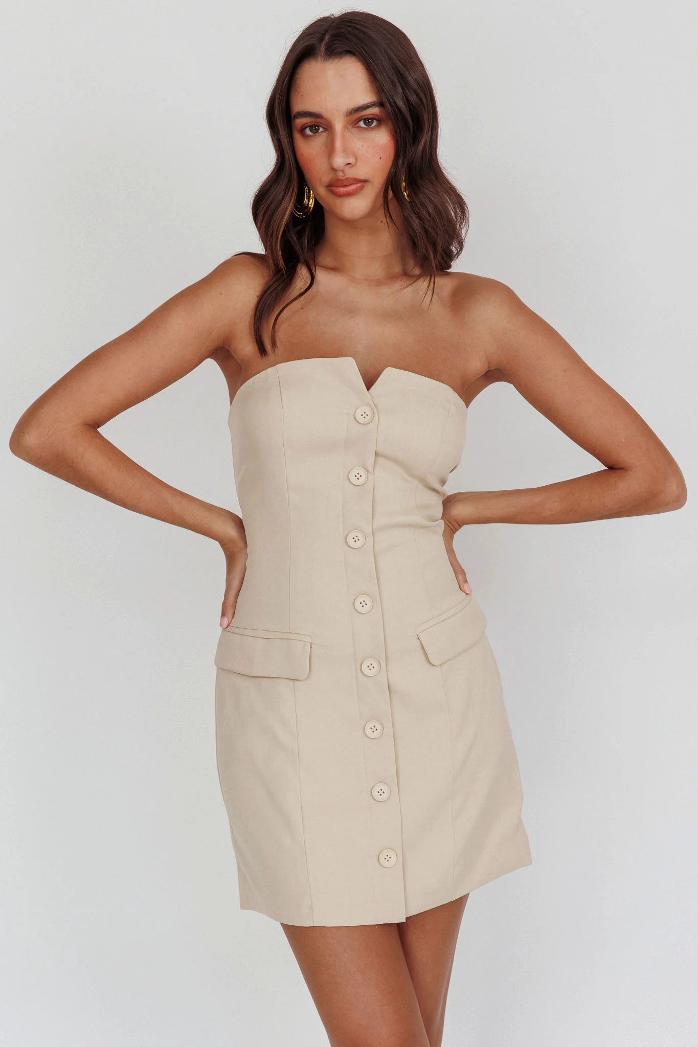 Titania Strapless Buttoned Mini Dress Light Taupe - Sonourner