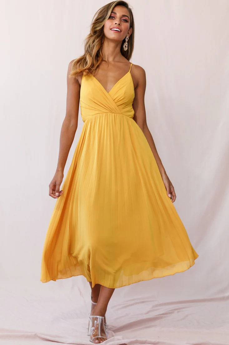 Artemis Accordion Pleat Strappy Back Midi Dress Mustard - Sonourner