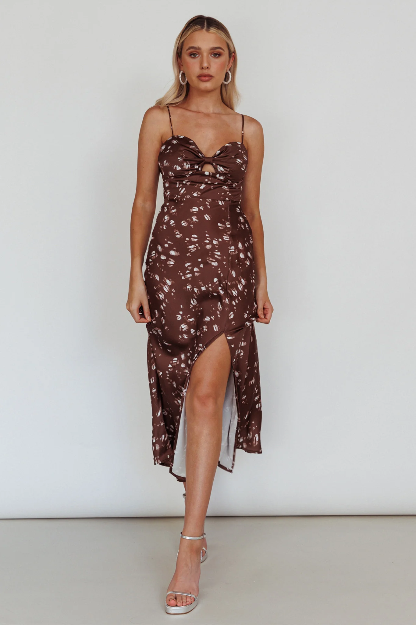 Missoula Cami Strap Padded Bust Midi Dress Printed Brown - Sonourner