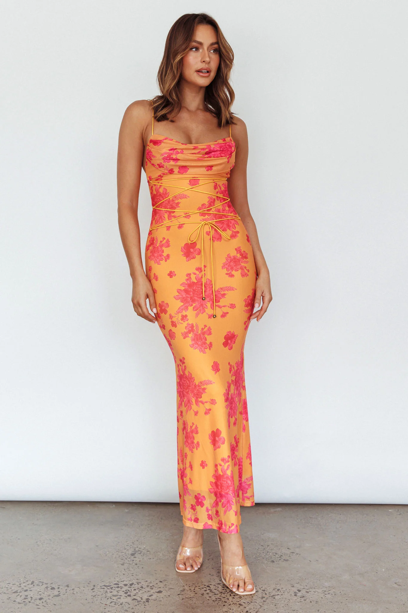 Teava Laced Waist Maxi Dress Floral Orange - Sonourner