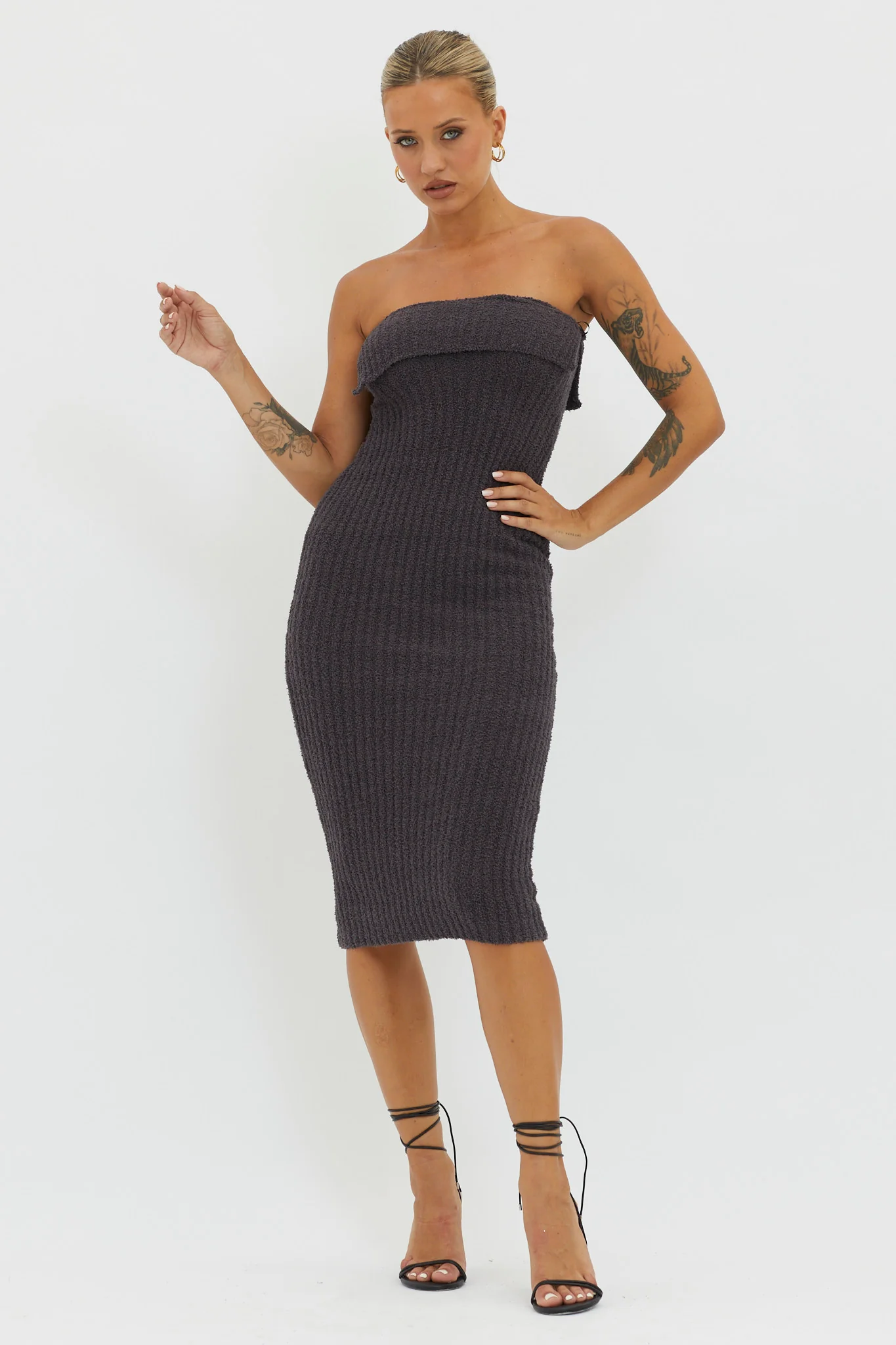 Lupita Foldover Ribbed Knit Midi Dress Charcoal - Sonourner