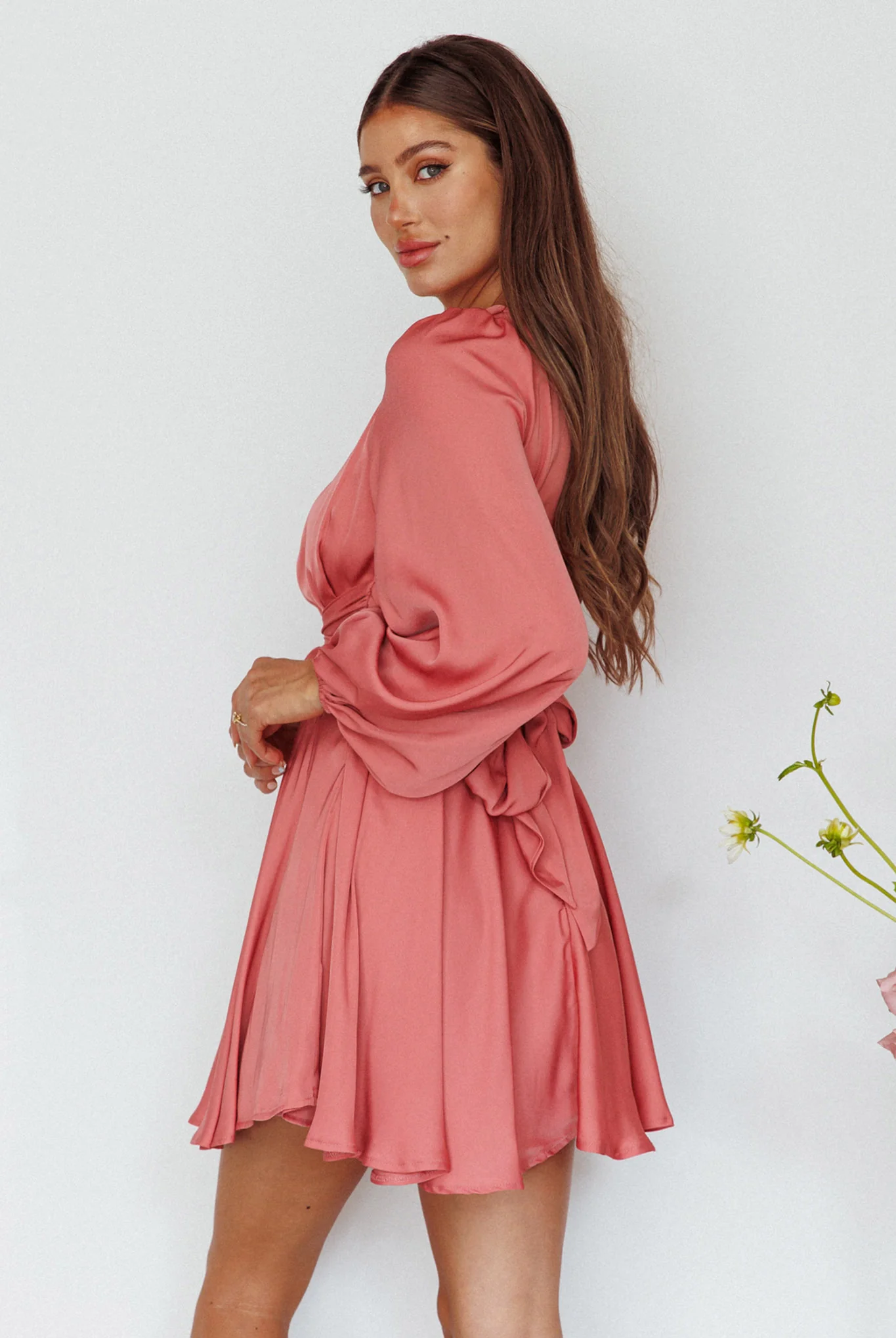 Leia Long Sleeve Waist Tie Mini Dress Rose - Sonourner