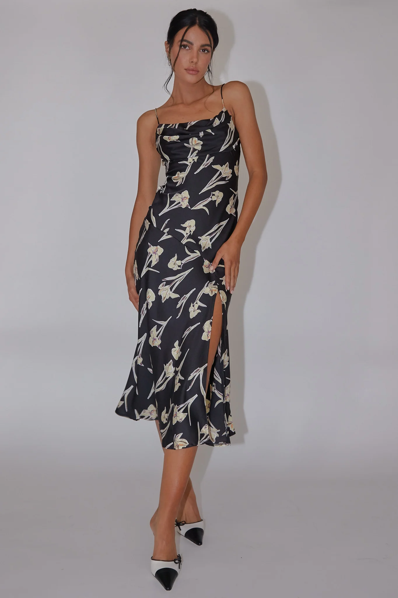 Well Versed Pleated Bust Front Split Dress Orchid Black - Sonourner