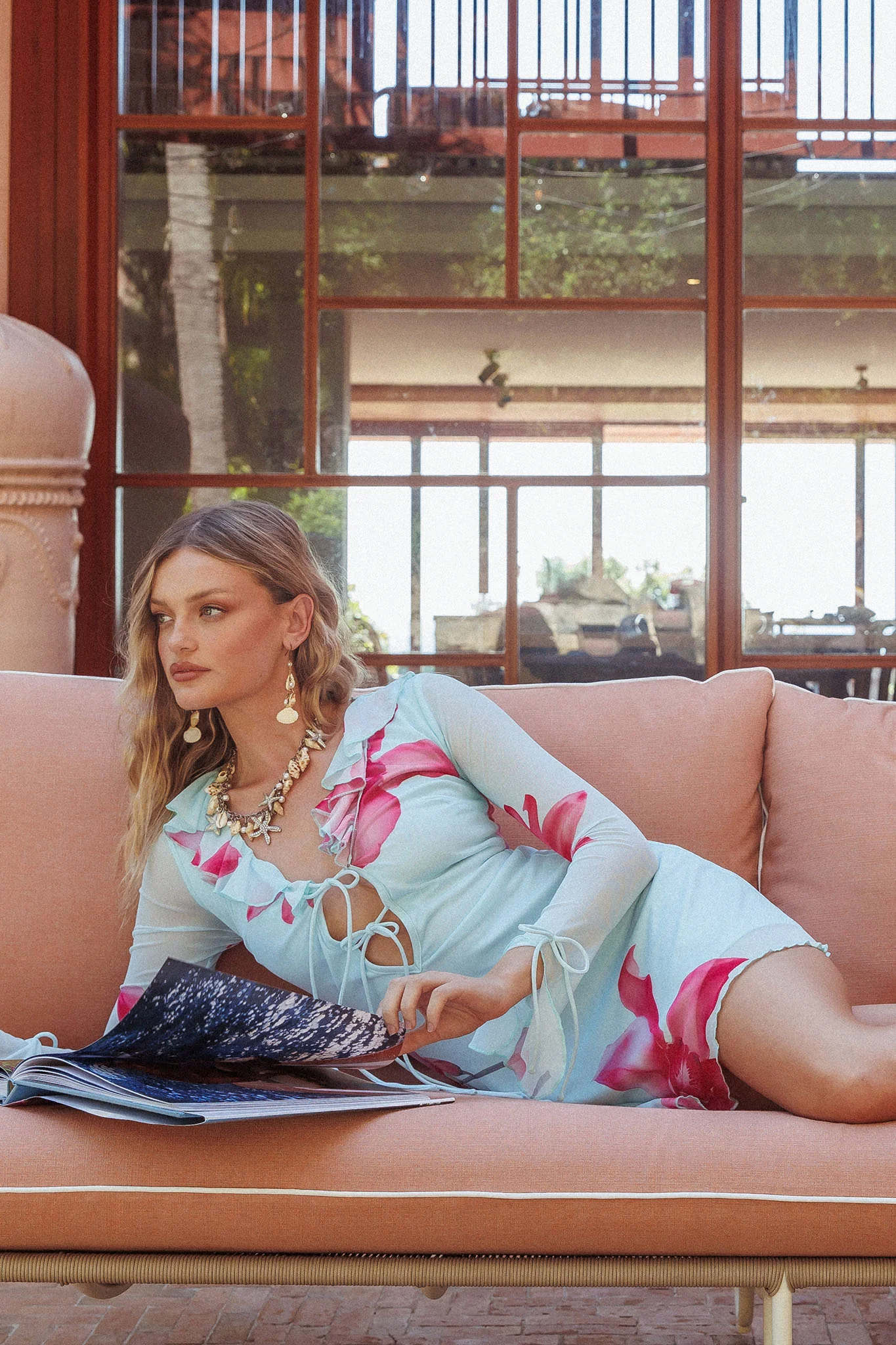 Sea Dreaming Ruffle Trim Mini Dress Floral Blue - Sonourner