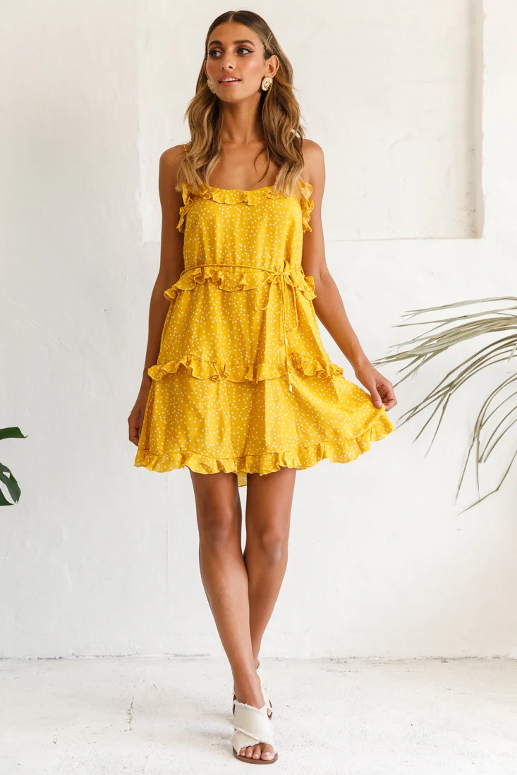 Maria Frill Trim Polka Dot Dress Mustard - Sonourner