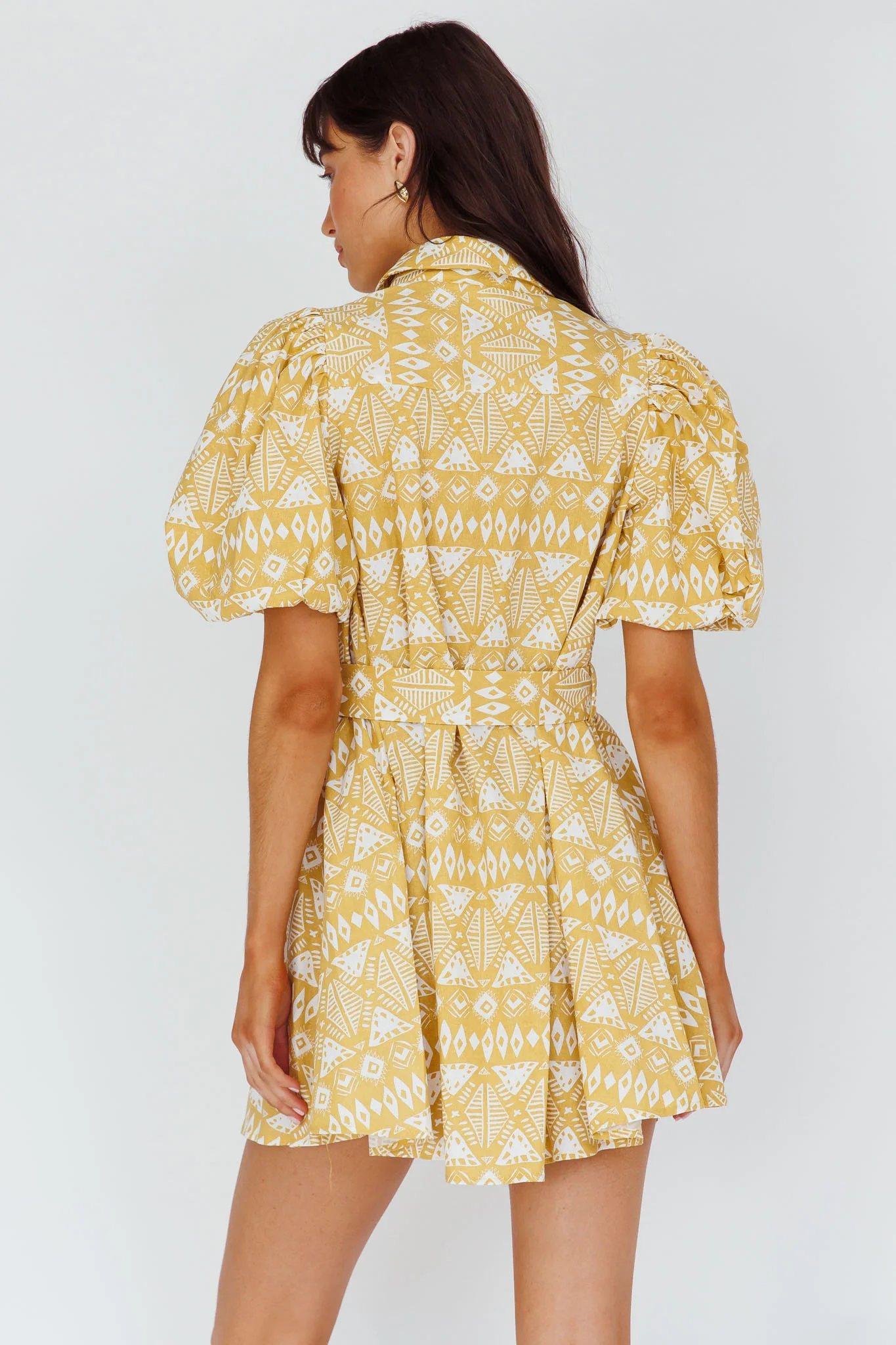 Nanette Puff Sleeve Belted Mini Dress Print Yellow - Sonourner