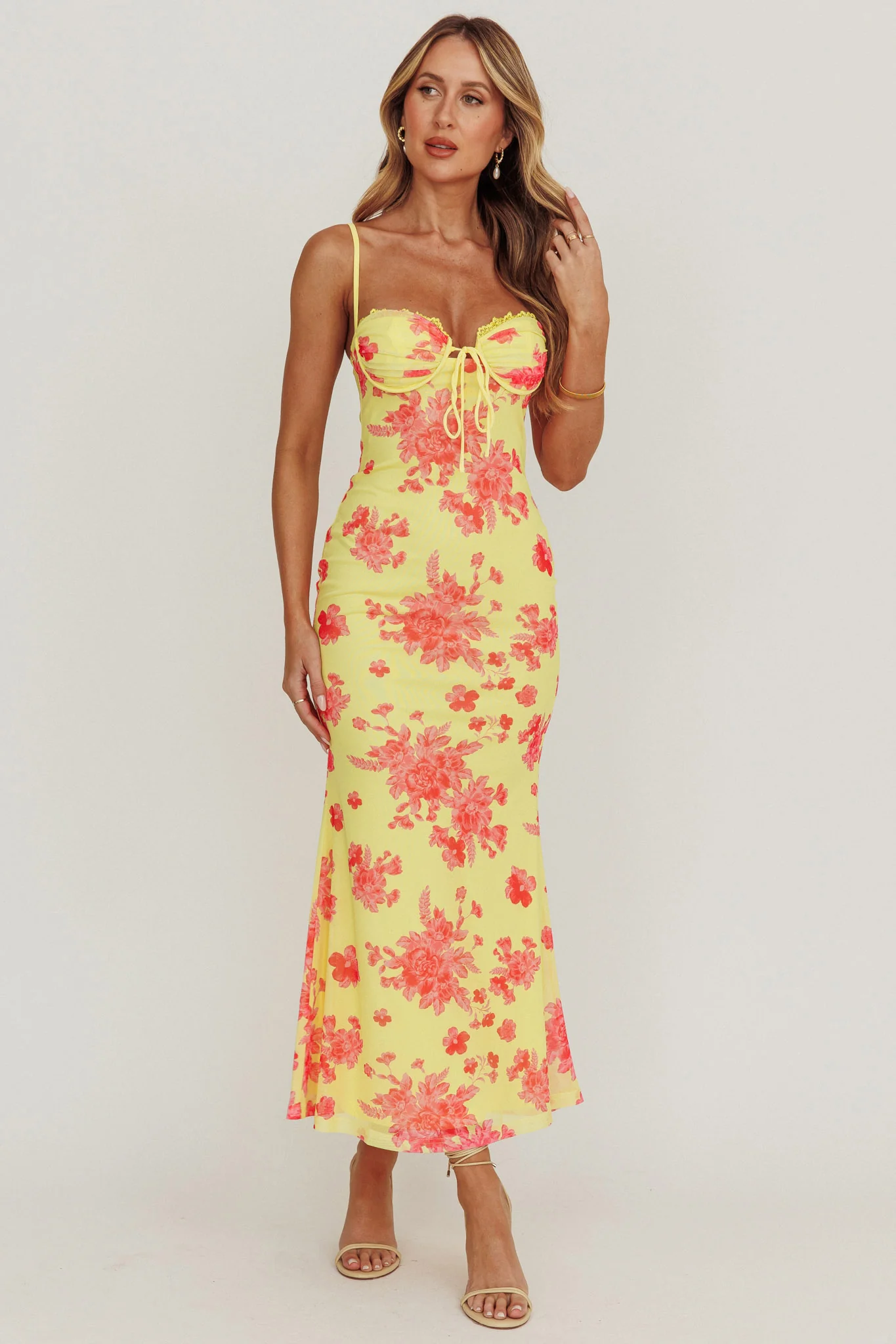 Fortune Mesh Floral Midi Dress Pink/Yellow - Sonourner
