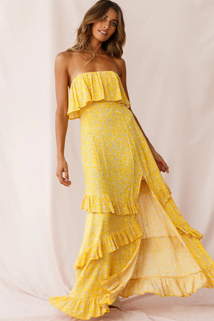 Kiya Layered Bandeau Maxi Dress Leaf Print Mustard - Sonourner