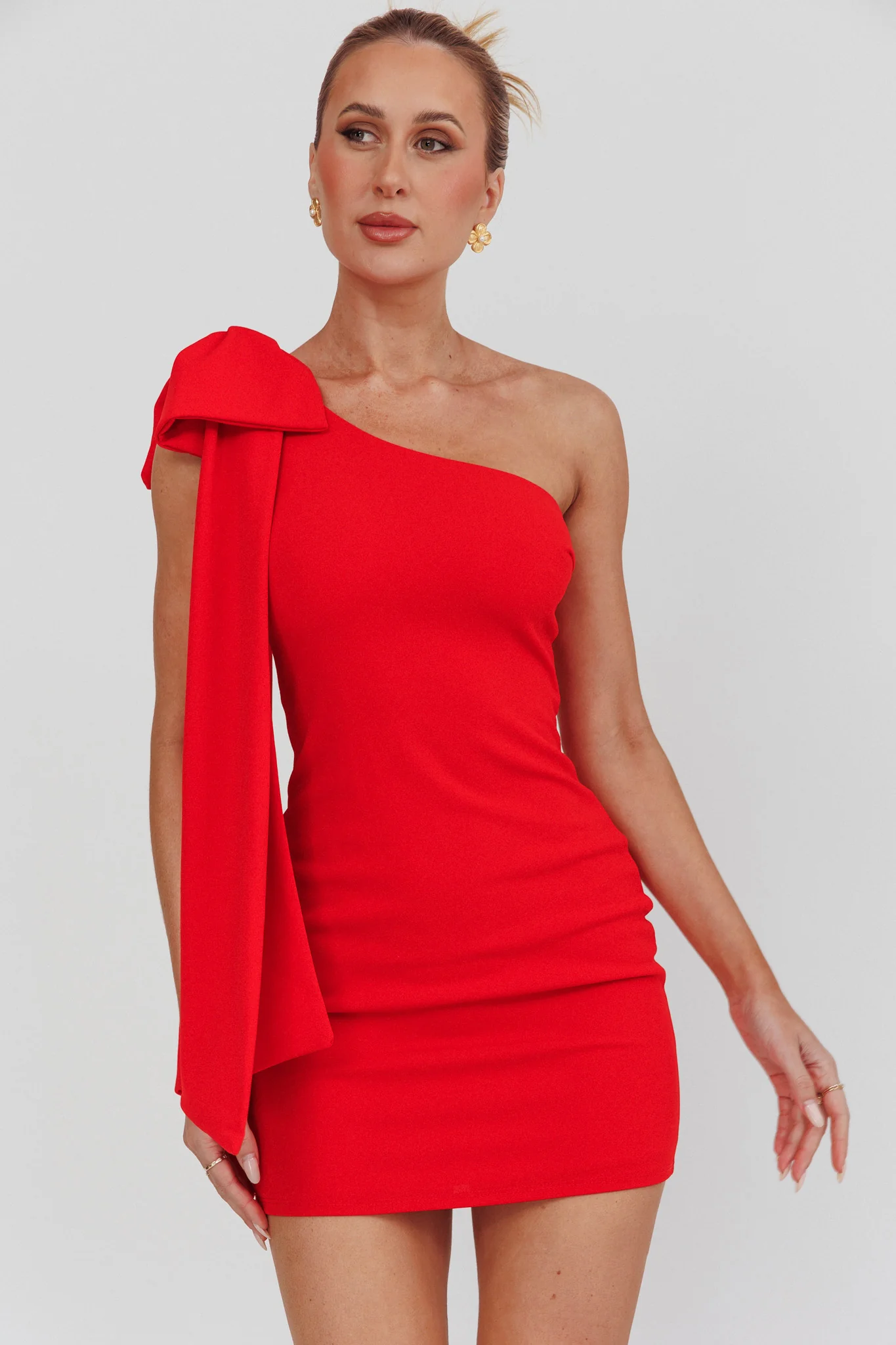 Earned It One Shoulder Bow Mini Dress Red - Sonourner