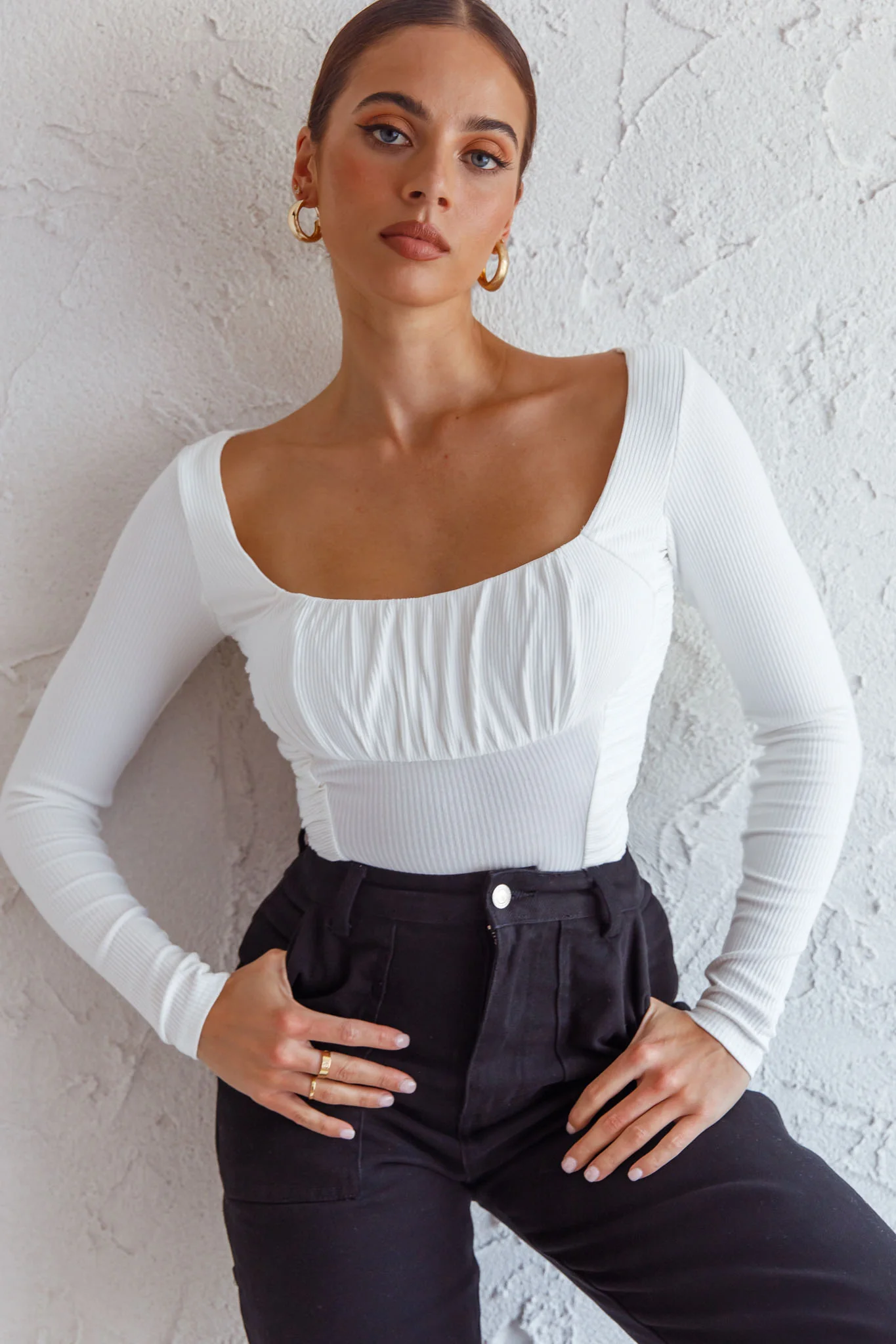 Bobbi Long Sleeve Ruched Side Ribbed Bodysuit White - Sonourner