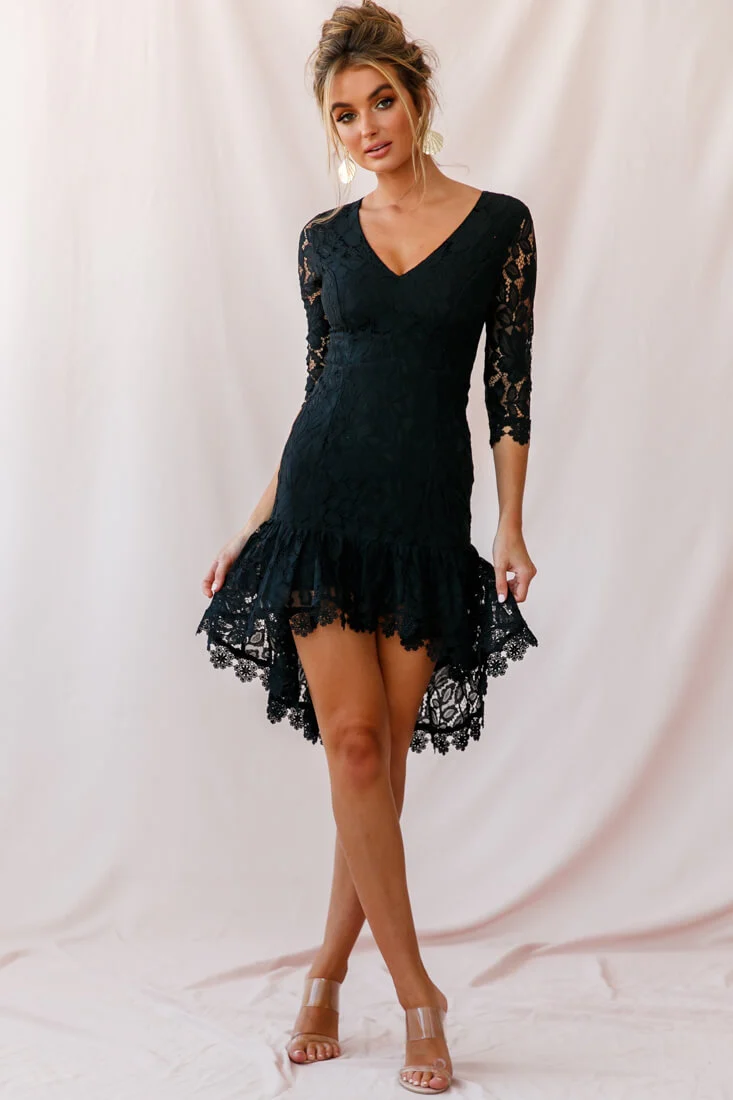 Aurora Lace High-Low Hem Dress Black - Sonourner