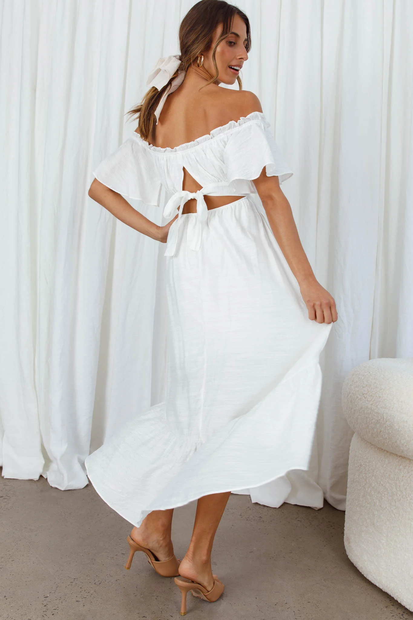 Dandelion Off-Shoulder Tied Back Midi Dress White - Sonourner