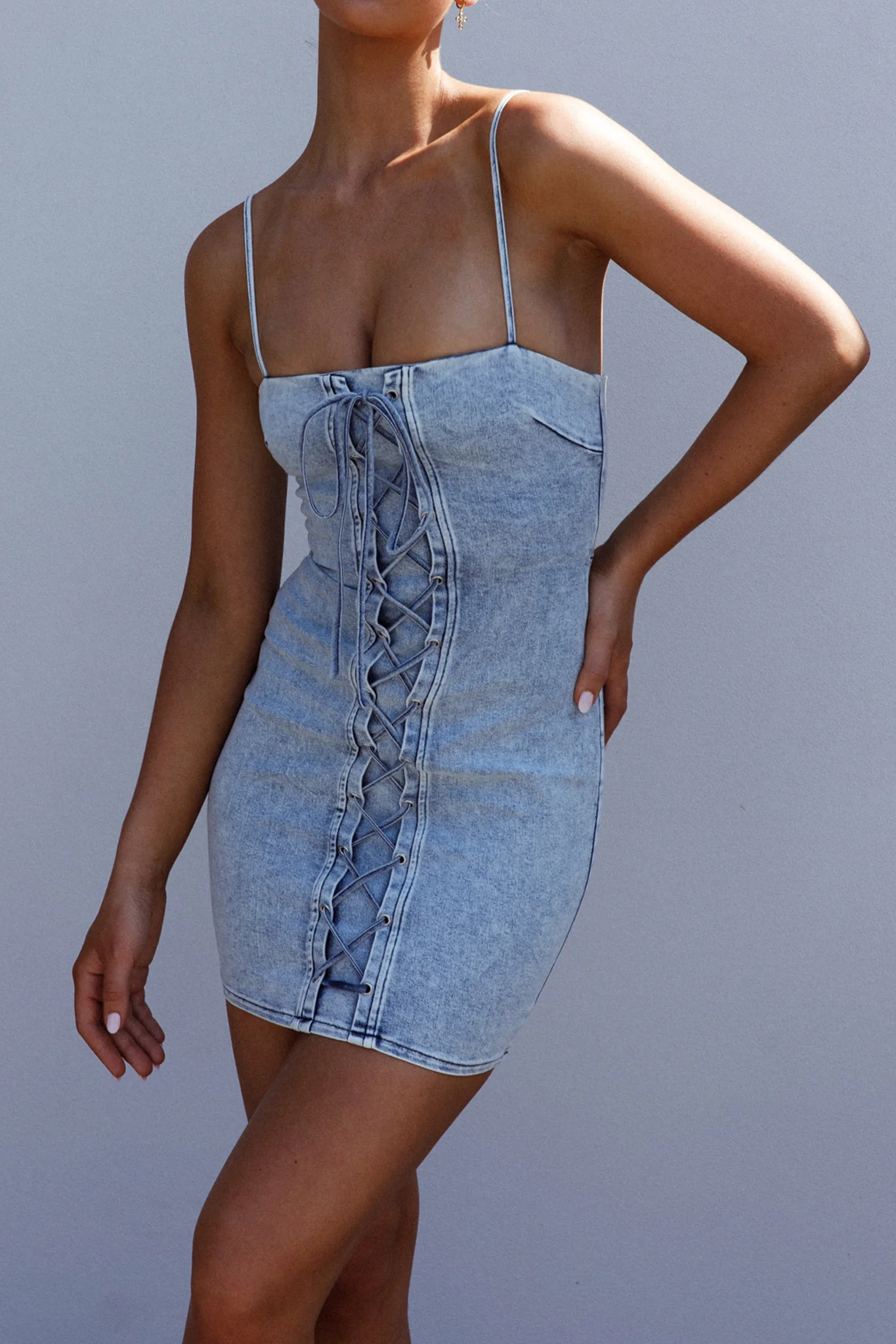Don't Try Me Lace Up Mini Dress Denim - Sonourner