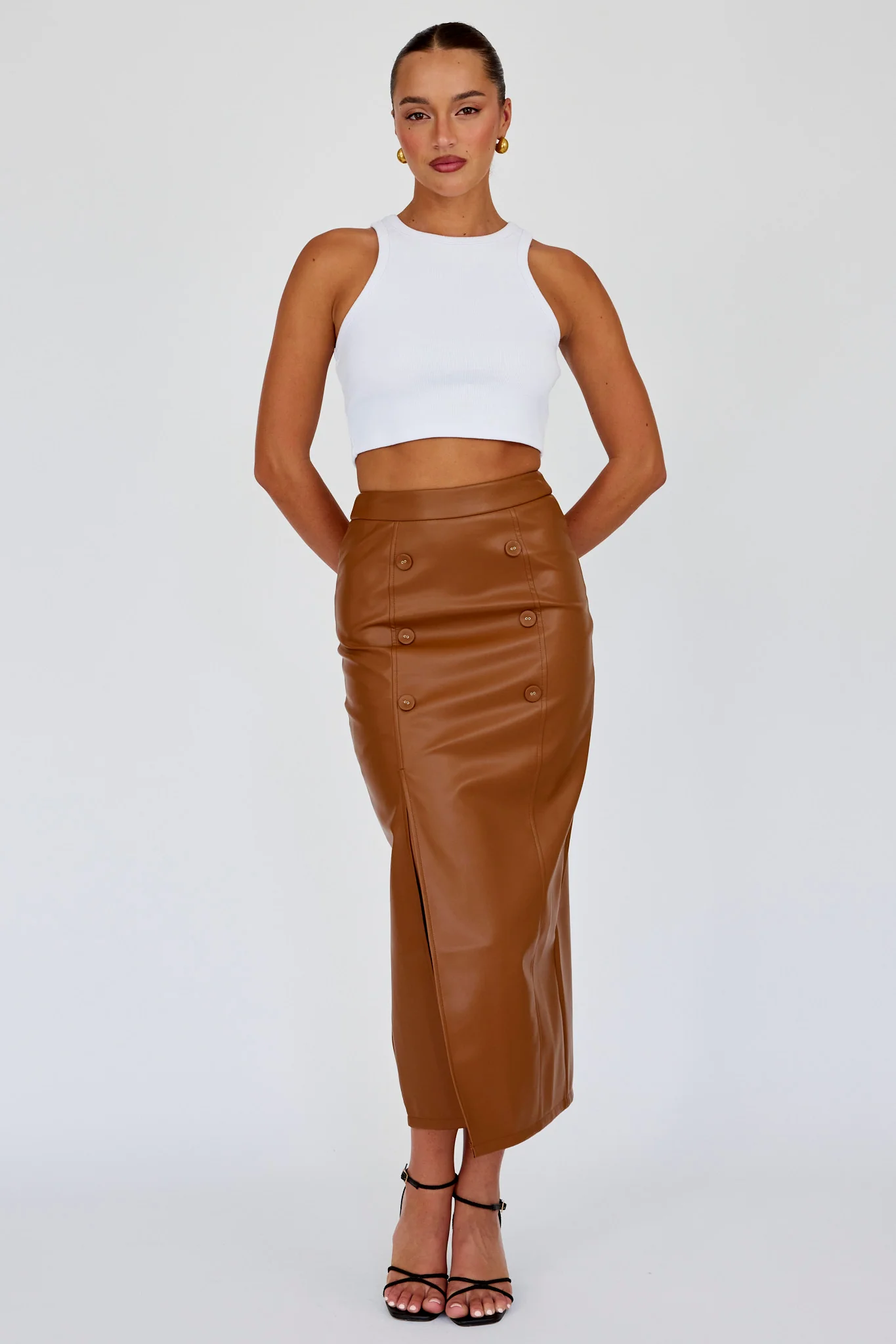 Kane Faux Leather Midi Skirt Brown - Sonourner